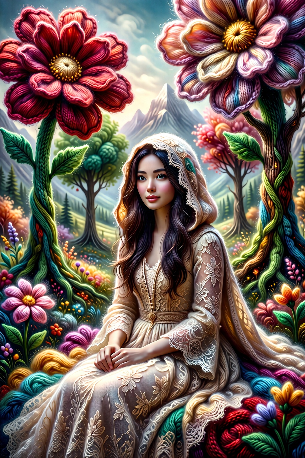 Create a surreal textile art piece where a beautiful woman sits against a background of a fantastic landscape made entirel...