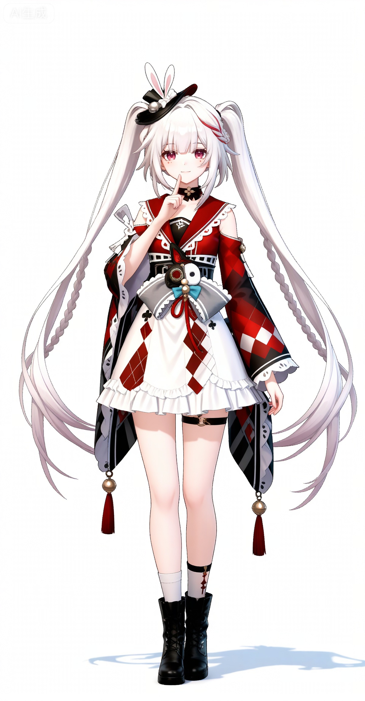 Sparkle \(honkai: star rail\),1girl,solo,long hair,twintails,full body,braid,black footwear,red eyes,white hair,very long hair,socks,looking at viewer,white background,boots,streaked hair,frills,wide sleeves,standing,long sleeves,virtual youtuber,closed mouth,multicolored hair,white socks,animal ears,thigh strap,simple background,rabbit ears,choker,hat,red kimono,red hair,mini hat,white skirt,skirt,black choker,obi,rabbit,detached sleeves,smile,tassel,clothes: huohua white-and-red dress,
depth of field,masterpiece,best quality,very aesthetic,alternate costume,alternate costume,2024,2023,perfect composition,ultra-detailed,extreme aesthetic,masterpiece,best quality,good quality,newest,year 2024,year 2023,very aesthetic,absurdres,looking_at_viewer,colorful,white_background,simple background,:d,shushing,