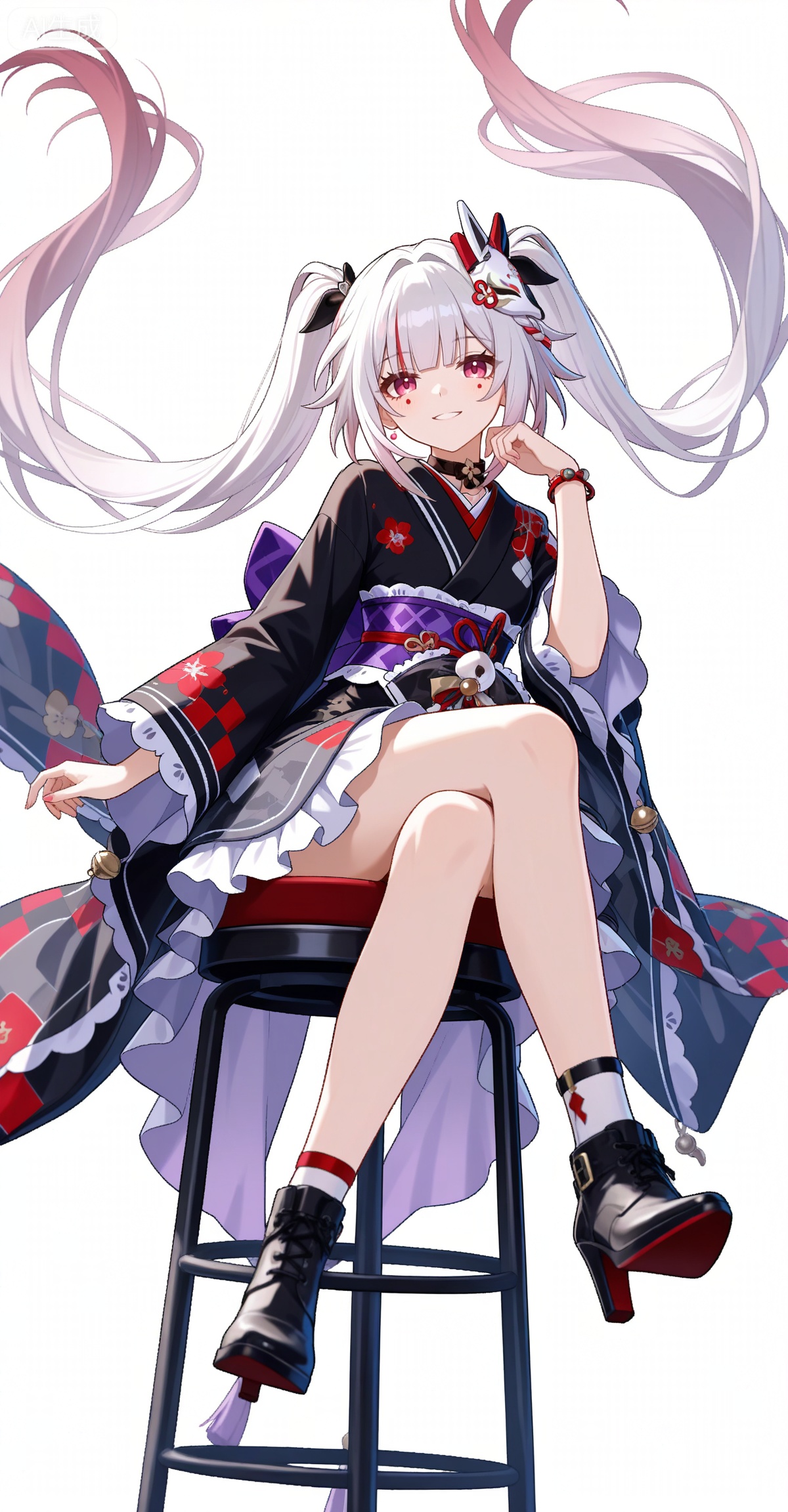 Sparkle \(honkai: star rail\),1girl,solo,red eyes,twintails,red hair,white hair,streaked hair,multicolored hair,facial mark,
1girl,solo,high heels,sitting,kimono,japanese clothes,crossed legs,sash,purple sash,full body,smile,looking at viewer,hand on own face,floral print,obi,stool,head rest,simple background,legs,cover,jewelry,floating hair,

depth of field,masterpiece,best quality,very aesthetic,alternate costume,alternate costume,2024,2023,perfect composition,ultra-detailed,extreme aesthetic,masterpiece,best quality,good quality,newest,year 2024,year 2023,very aesthetic,absurdres,looking_at_viewer,colorful,white_background,simple background,
