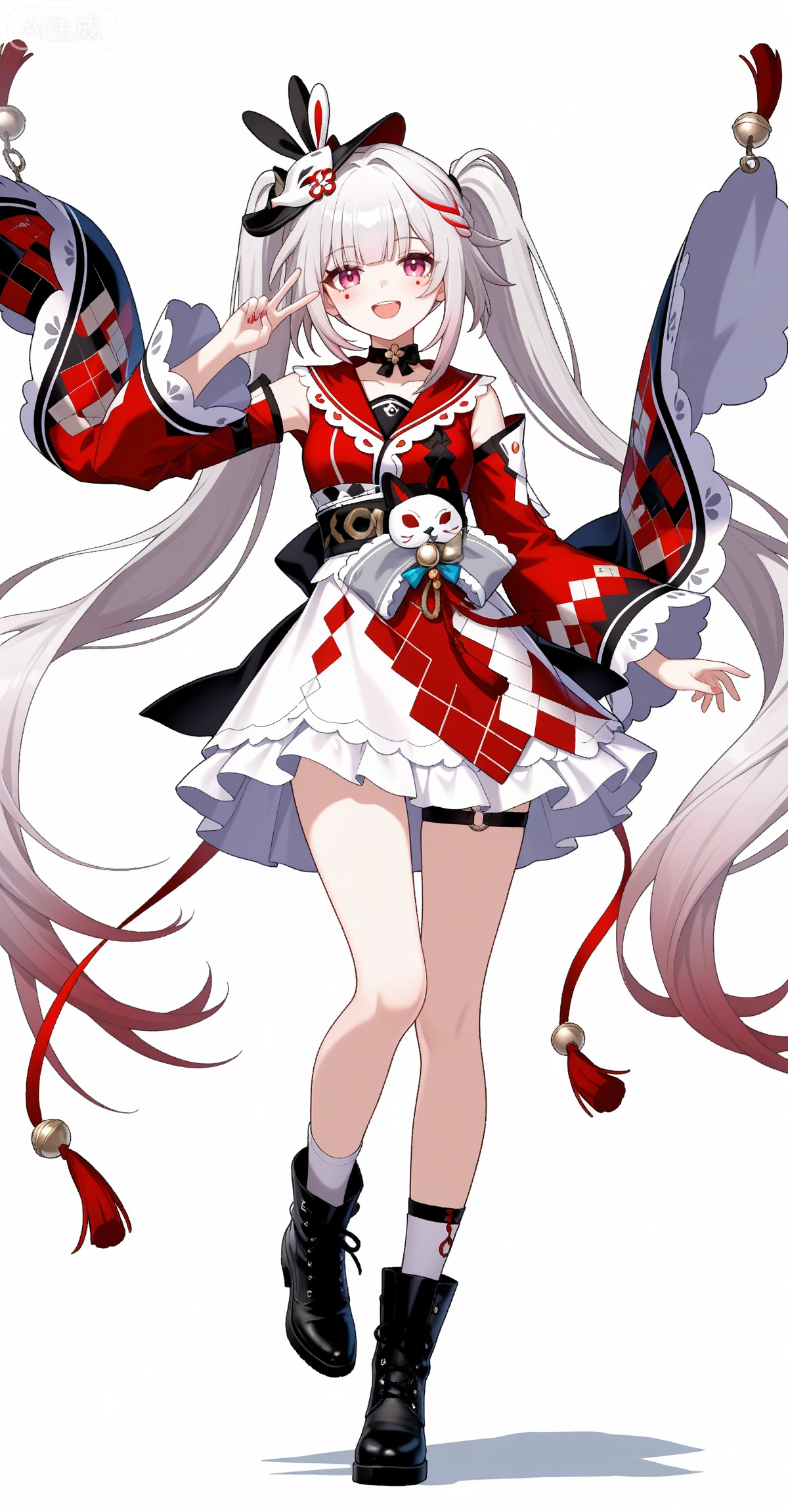 Sparkle \(honkai: star rail\), 1girl, v, long hair, solo, black footwear, open mouth, wide sleeves, multicolored hair, smile, white background, streaked hair, full body, looking at viewer, virtual youtuber, breasts, very long hair, twintails, red hair, detached sleeves, white hair, grey hair, boots, simple background, socks, pink eyes, white skirt, long sleeves, clothes: huohua white-and-red dress

depth of field,masterpiece,best quality,very aesthetic,alternate costume,alternate costume,2024,2023,perfect composition,ultra-detailed,extreme aesthetic,masterpiece,best quality,good quality,newest,year 2024,year 2023,very aesthetic,absurdres,looking_at_viewer,colorful,