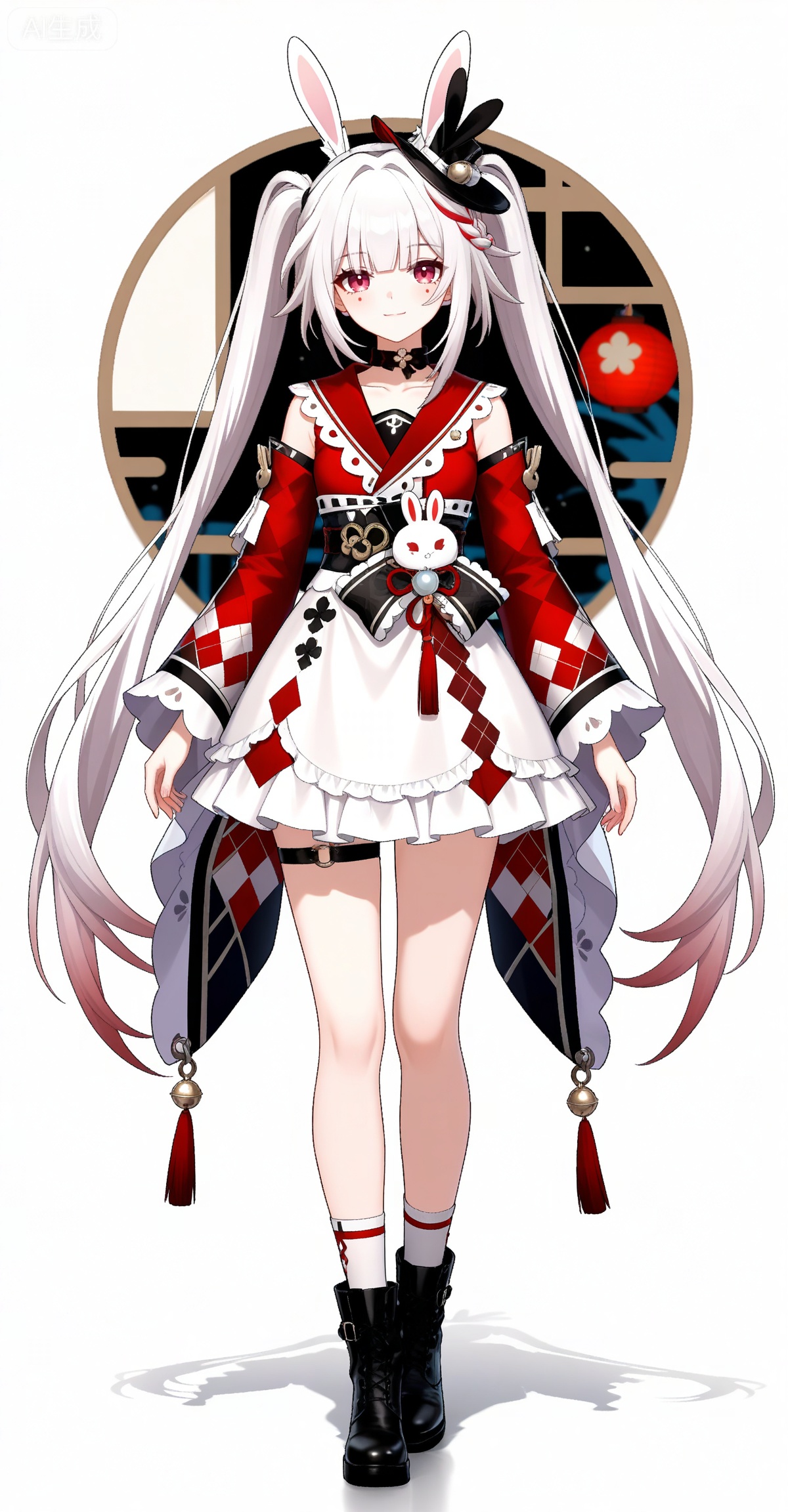 Sparkle \(honkai: star rail\), 1girl, solo, long hair, twintails, full body, braid, black footwear, red eyes, white hair, very long hair, socks, looking at viewer, white background, boots, streaked hair, frills, wide sleeves, standing, long sleeves, virtual youtuber, closed mouth, multicolored hair, white socks, animal ears, thigh strap, simple background, rabbit ears, choker, hat, red kimono, red hair, mini hat, white skirt, skirt, black choker, obi, rabbit, detached sleeves, smile, tassel, clothes: huohua white-and-red dress,leg up,abstract_background,
depth of field,masterpiece,best quality,very aesthetic,alternate costume,alternate costume,2024,2023,perfect composition,ultra-detailed,extreme aesthetic,masterpiece,best quality,good quality,newest,year 2024,year 2023,very aesthetic,absurdres,looking_at_viewer,colorful,