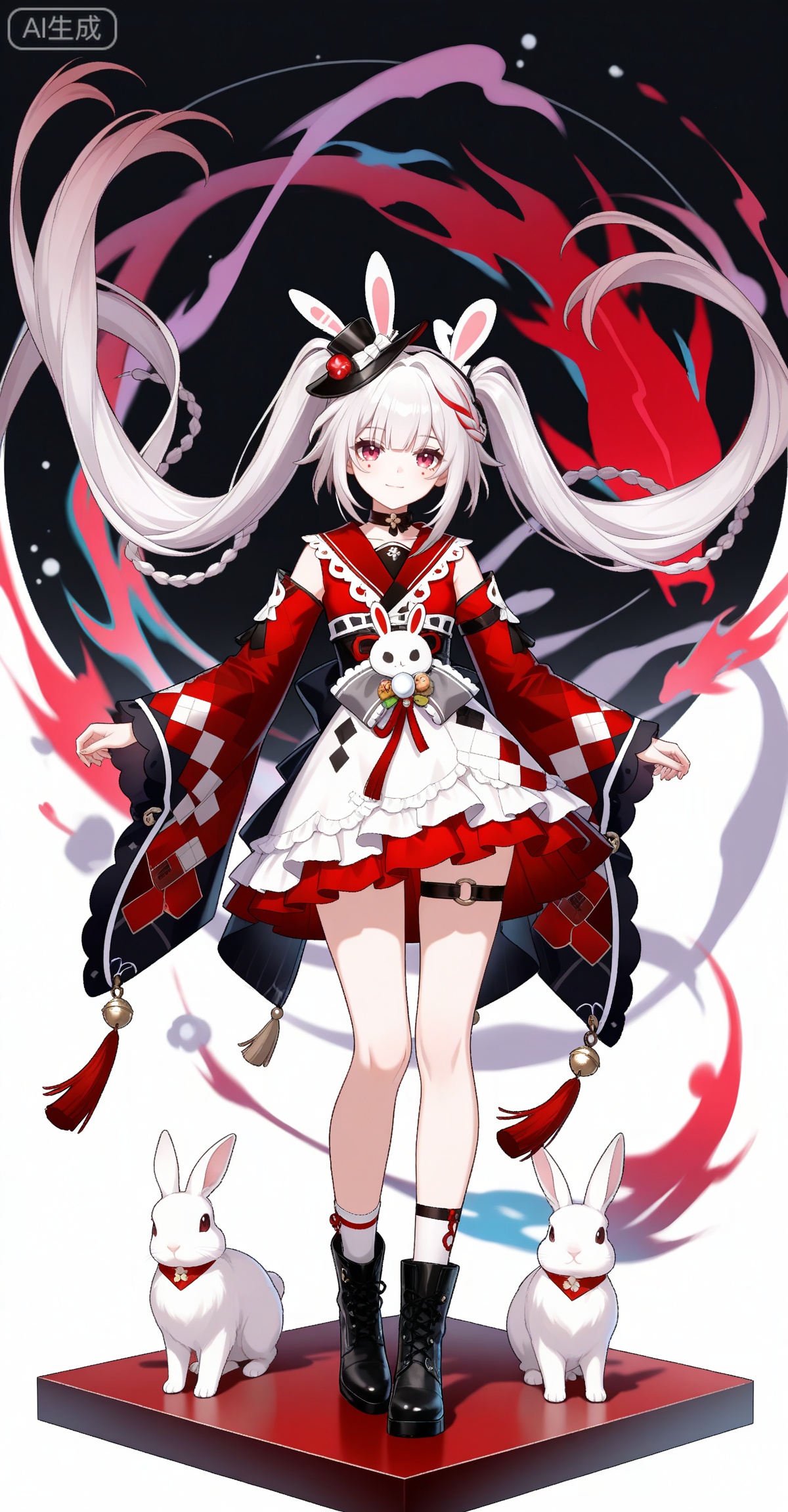 Sparkle \(honkai: star rail\), 1girl, solo, long hair, twintails, full body, braid, black footwear, red eyes, white hair, very long hair, socks, looking at viewer, white background, boots, streaked hair, frills, wide sleeves, standing, long sleeves, virtual youtuber, closed mouth, multicolored hair, white socks, animal ears, thigh strap, simple background, rabbit ears, choker, hat, red kimono, red hair, mini hat, white skirt, skirt, black choker, obi, rabbit, detached sleeves, smile, tassel, clothes: huohua white-and-red dress,leg up,abstract_background,
depth of field,masterpiece,best quality,very aesthetic,alternate costume,alternate costume,2024,2023,perfect composition,ultra-detailed,extreme aesthetic,masterpiece,best quality,good quality,newest,year 2024,year 2023,very aesthetic,absurdres,looking_at_viewer,colorful,