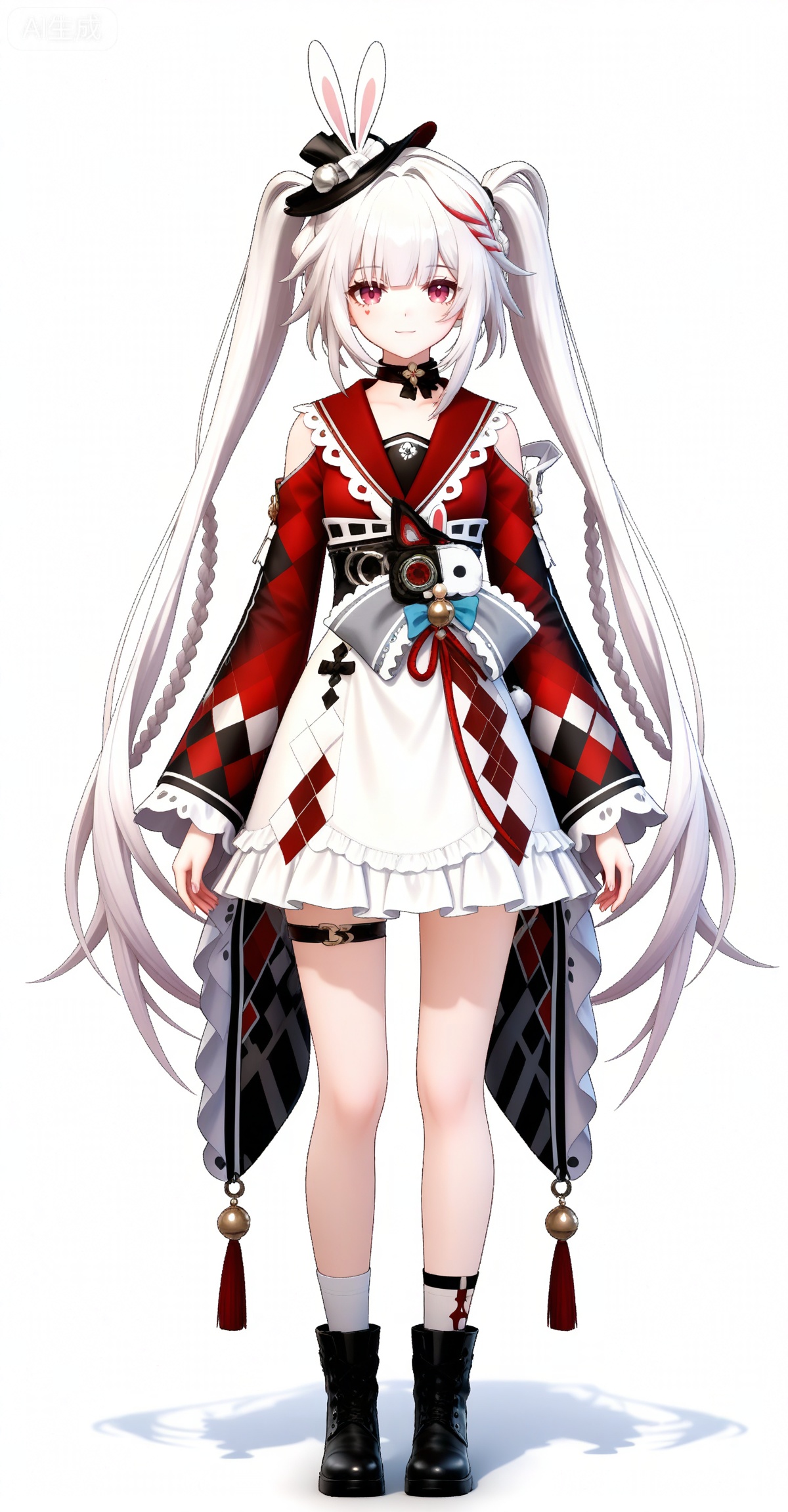 Sparkle \(honkai: star rail\),1girl,solo,long hair,twintails,full body,braid,black footwear,red eyes,white hair,very long hair,socks,looking at viewer,white background,boots,streaked hair,frills,wide sleeves,standing,long sleeves,virtual youtuber,closed mouth,multicolored hair,white socks,animal ears,thigh strap,simple background,rabbit ears,choker,hat,red kimono,red hair,mini hat,white skirt,skirt,black choker,obi,rabbit,detached sleeves,smile,tassel,clothes: huohua white-and-red dress,
depth of field,masterpiece,best quality,very aesthetic,alternate costume,alternate costume,2024,2023,perfect composition,ultra-detailed,extreme aesthetic,masterpiece,best quality,good quality,newest,year 2024,year 2023,very aesthetic,absurdres,looking_at_viewer,colorful,white_background,simple background,