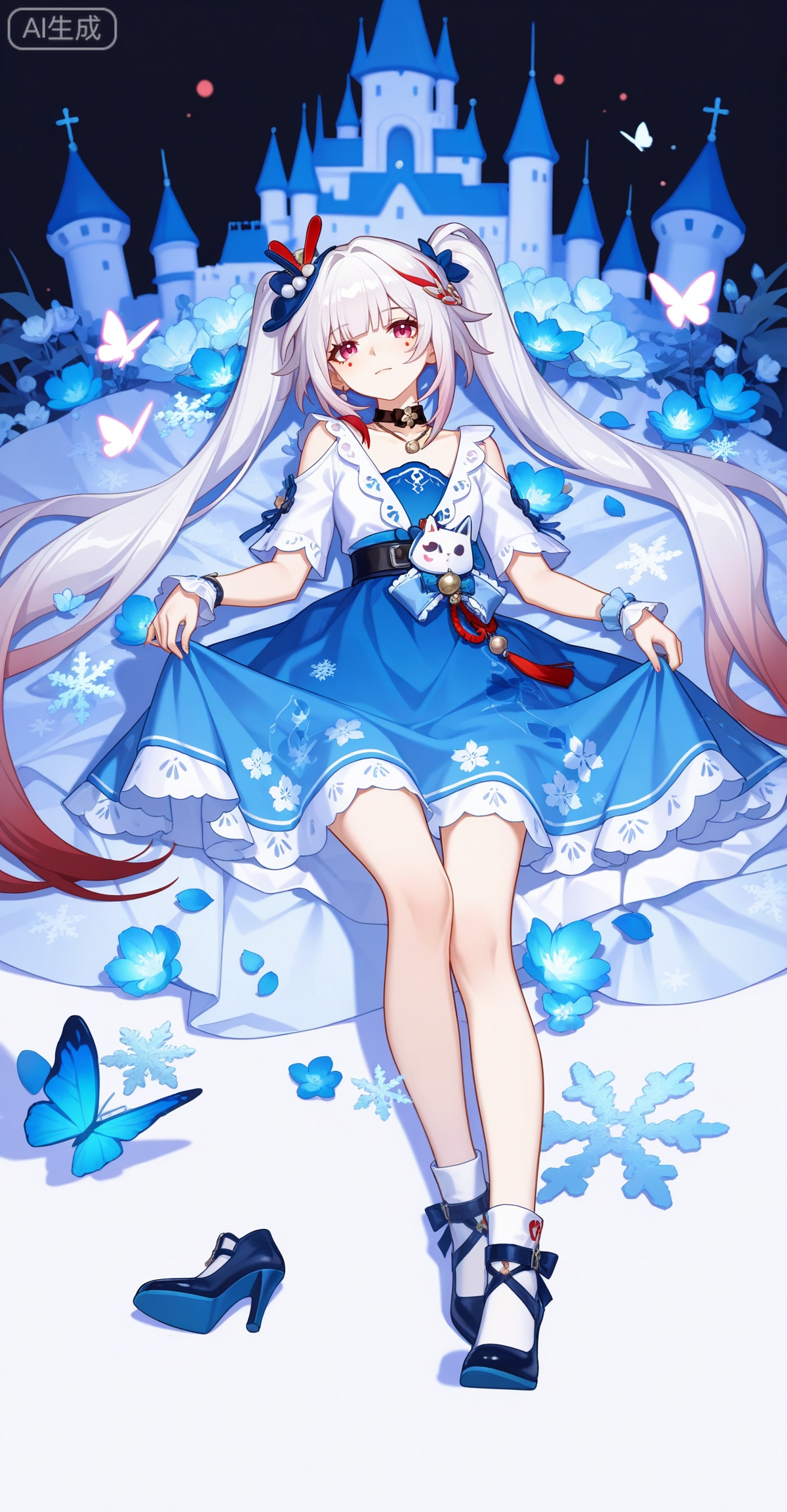 Sparkle \(honkai: star rail\),1girl,solo,red eyes,twintails,red hair,white hair,streaked hair,multicolored hair,facial mark,
lvjing,1girl,dress,long hair,solo,skirt hold,hair ornament,jewelry,white hair,white dress,blue dress,necklace,full body,night,castle,butterfly,snowflakes,bug,flower,56, lvjing,lying,on back,high_heels,
depth of field,masterpiece,best quality,very aesthetic,alternate costume,alternate costume,2024,2023,perfect composition,ultra-detailed,extreme aesthetic,masterpiece,best quality,good quality,newest,year 2024,year 2023,very aesthetic,absurdres,looking_at_viewer,colorful,white_background,simple background,