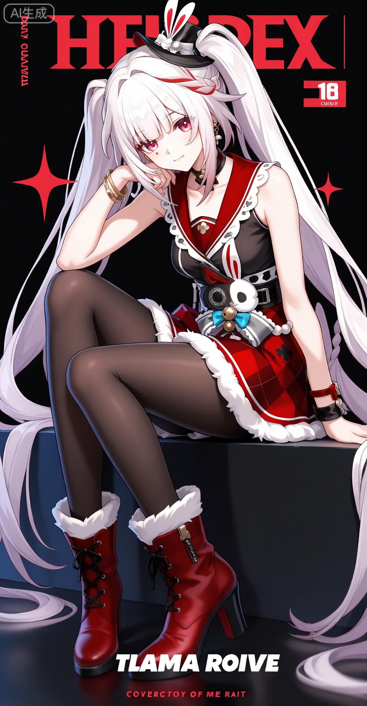 Sparkle \(honkai: star rail\),1girl,solo,red eyes,twintails,red hair,white hair,streaked hair,multicolored hair,hat,facial mark,mini hat,
1girl,boots,fur trim,jewelry,hat,long hair,breasts,red footwear,skirt,fur-trimmed boots,earrings,sitting,red skirt,bracelet,high heels,full body,looking at viewer,belt,closed mouth,sleeveless,high heel boots,copyright name,bangle,english text,black pantyhose,cover,medium breasts,black shirt,shirt,fur-trimmed skirt,46,

depth of field,masterpiece,best quality,very aesthetic,alternate costume,alternate costume,2024,2023,perfect composition,ultra-detailed,extreme aesthetic,masterpiece,best quality,good quality,newest,year 2024,year 2023,very aesthetic,absurdres,looking_at_viewer,colorful,white_background,simple background,