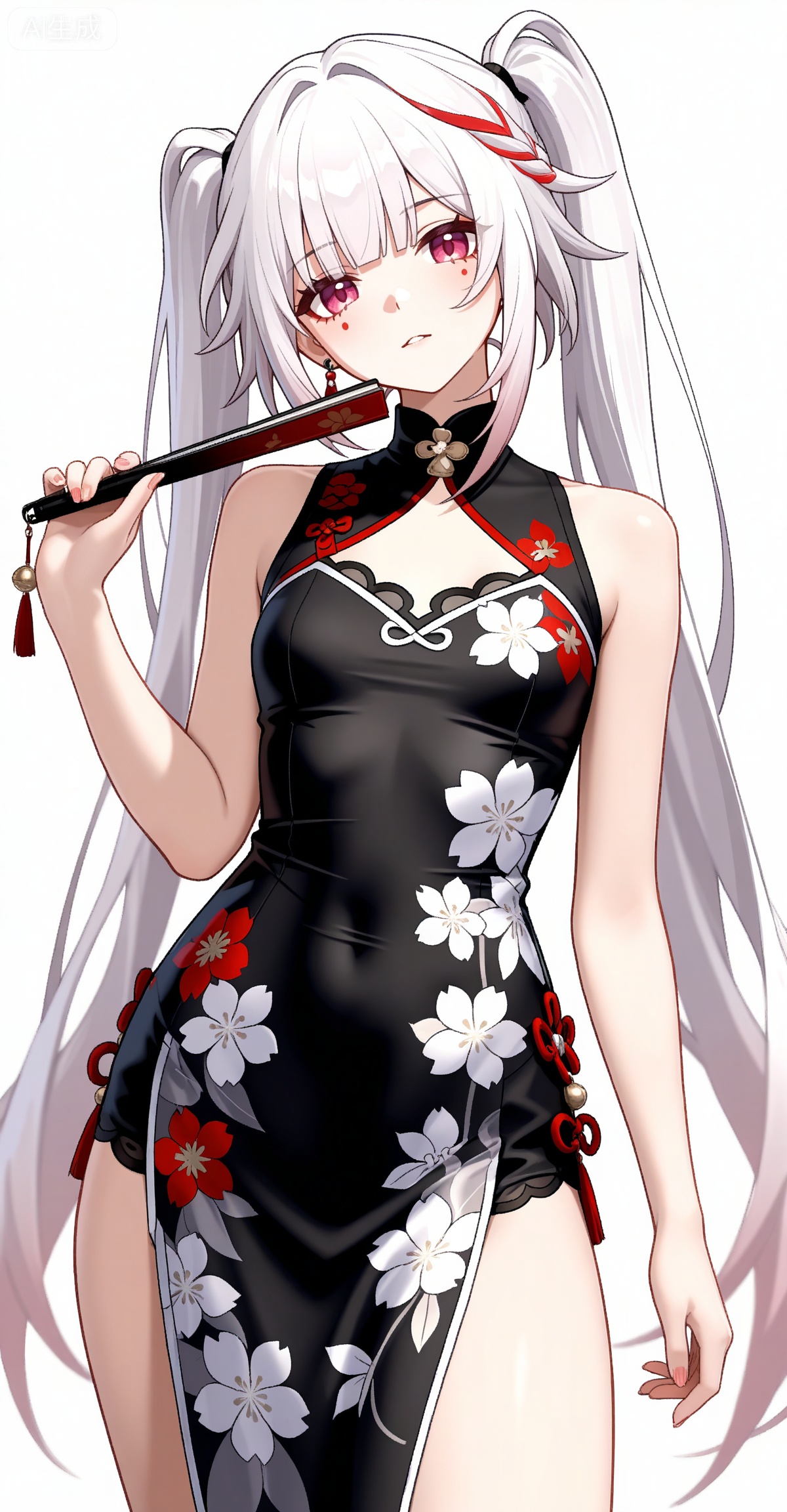 Sparkle \(honkai: star rail\),1girl,solo,red eyes,twintails,red hair,white hair,streaked hair,multicolored hair,facial mark,
1girl,dress,hand fan,holding,solo,earrings,jewelry,chinese clothes,china dress,black dress,holding fan,floral print,blurry,sleeveless,looking at viewer,sleeveless dress,folding fan,standing,head tilt,2,

depth of field,masterpiece,best quality,very aesthetic,alternate costume,alternate costume,2024,2023,perfect composition,ultra-detailed,extreme aesthetic,masterpiece,best quality,good quality,newest,year 2024,year 2023,very aesthetic,absurdres,looking_at_viewer,colorful,white_background,simple background,