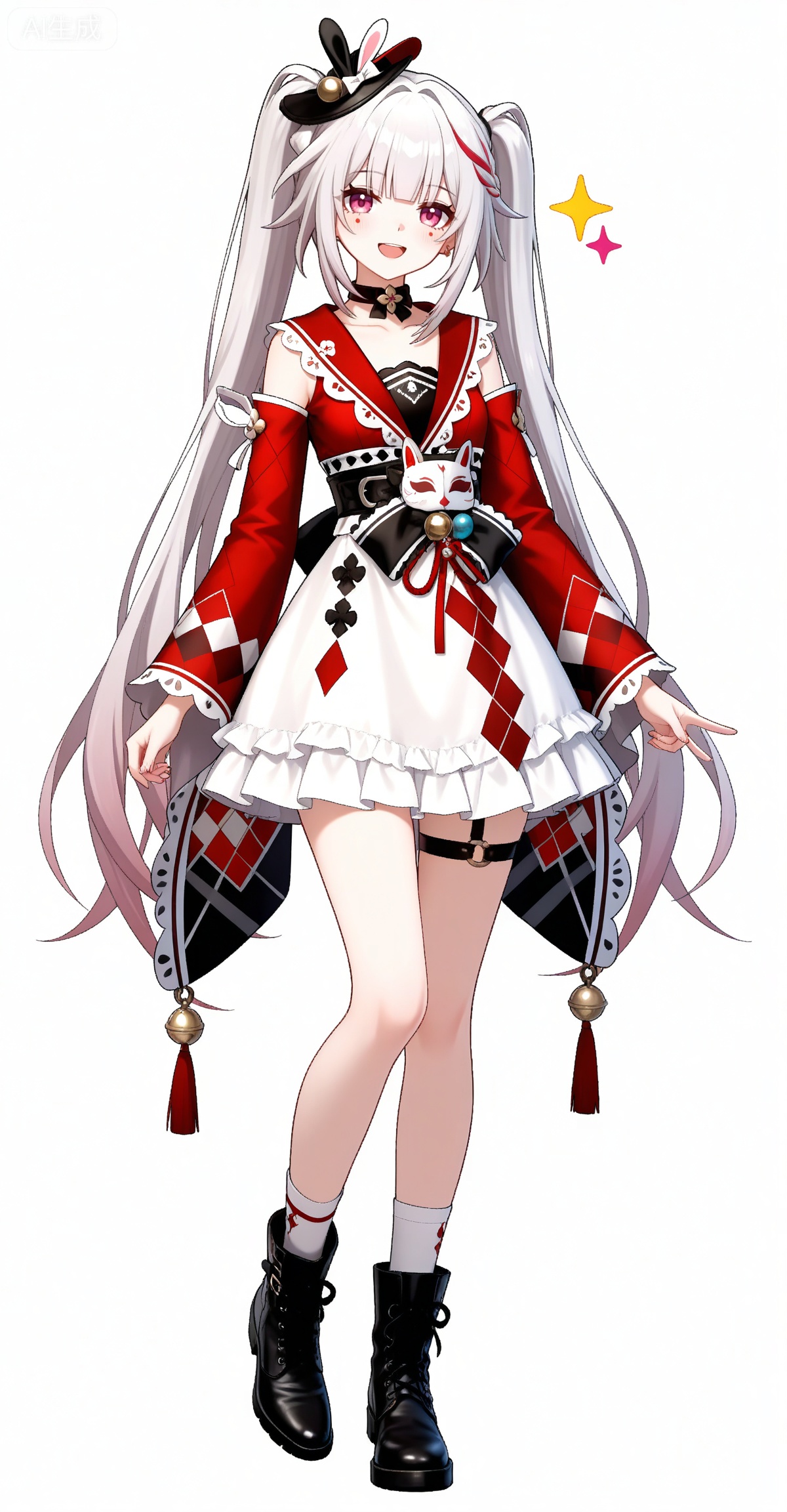 Sparkle \(honkai: star rail\), 1girl, v, long hair, solo, black footwear, open mouth, wide sleeves, multicolored hair, smile, white background, streaked hair, full body, looking at viewer, virtual youtuber, breasts, very long hair, twintails, red hair, detached sleeves, white hair, grey hair, boots, simple background, socks, pink eyes, white skirt, long sleeves, clothes: huohua white-and-red dress

depth of field,masterpiece,best quality,very aesthetic,alternate costume,alternate costume,2024,2023,perfect composition,ultra-detailed,extreme aesthetic,masterpiece,best quality,good quality,newest,year 2024,year 2023,very aesthetic,absurdres,looking_at_viewer,colorful,