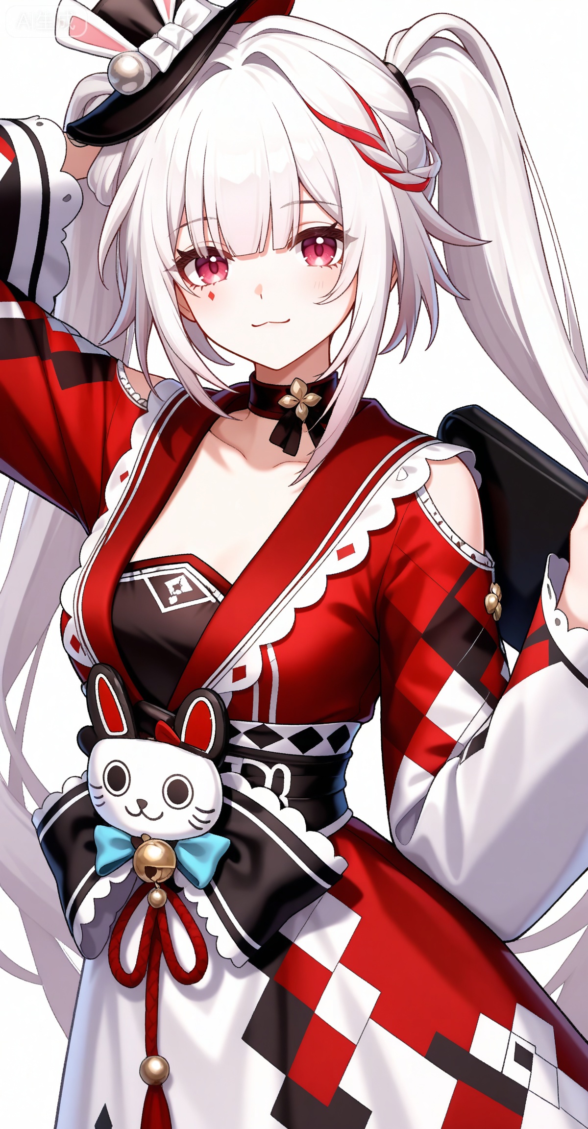 Sparkle \(honkai: star rail\), 1girl, solo, red eyes, twintails, red hair, white hair, streaked hair, multicolored hair, virtual youtuber, looking at viewer, white background, long hair, hat, diamond \(shape\), choker, simple background, facial mark, smile, long sleeves, mini hat, :3, closed mouth, sash, red kimono, bow, clothes: huohua white-and-red dress,
depth of field,masterpiece,best quality,very aesthetic,alternate costume,alternate costume,2024,2023,perfect composition,ultra-detailed,extreme aesthetic,masterpiece,best quality,good quality,newest,year 2024,year 2023,very aesthetic,absurdres,looking_at_viewer,colorful,white_background,simple background,