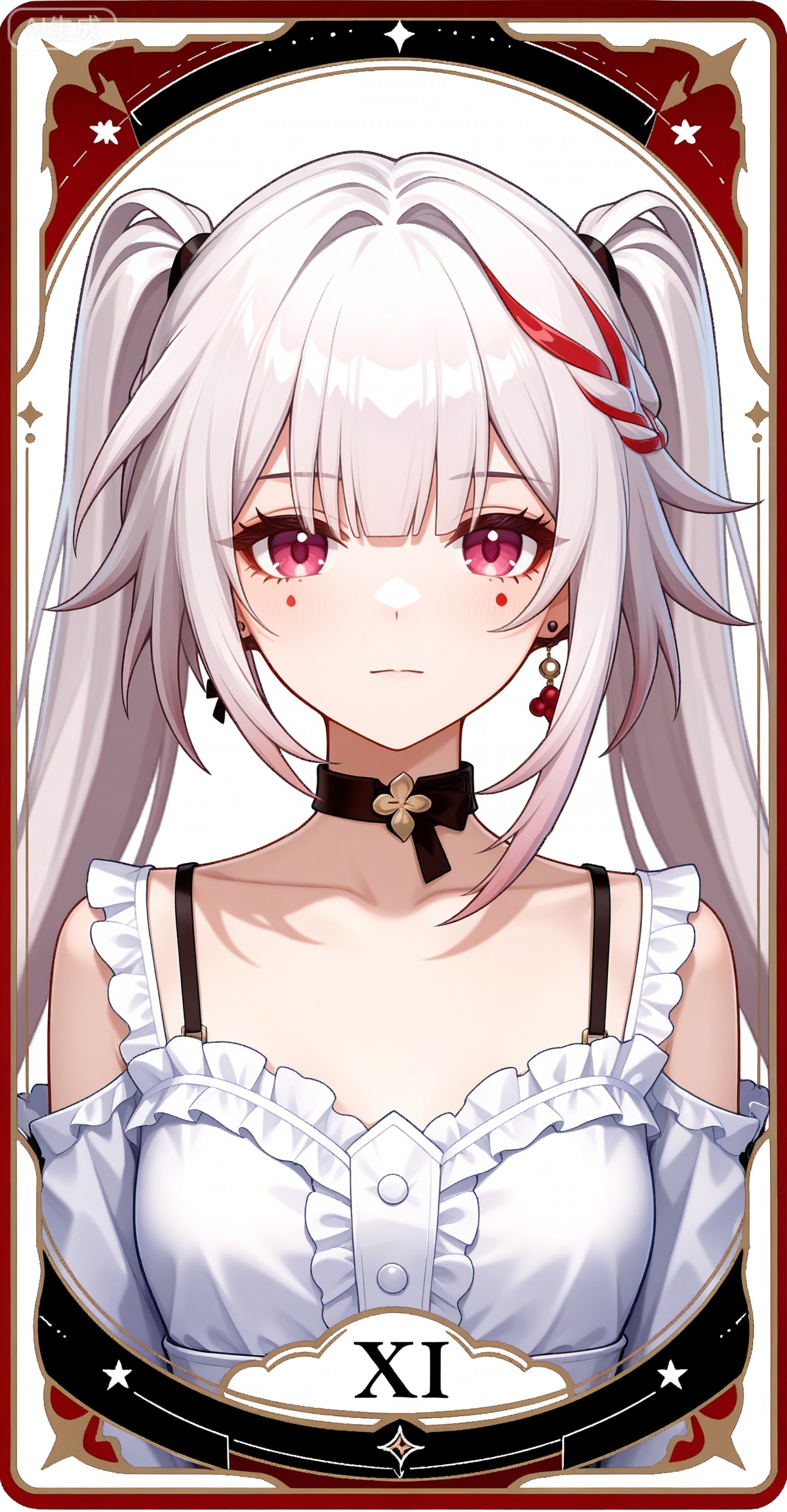 Sparkle \(honkai: star rail\),1girl,solo,red eyes,twintails,red hair,white hair,streaked hair,multicolored hair,facial mark,
1girl,solo,earrings,jewelry,looking at viewer,breasts,tarot,collarbone,upper body,dress,closed mouth,card \(medium\),tarot \(medium\),frills,border,

depth of field,masterpiece,best quality,very aesthetic,alternate costume,alternate costume,2024,2023,perfect composition,ultra-detailed,extreme aesthetic,masterpiece,best quality,good quality,newest,year 2024,year 2023,very aesthetic,absurdres,looking_at_viewer,colorful,white_background,simple background,