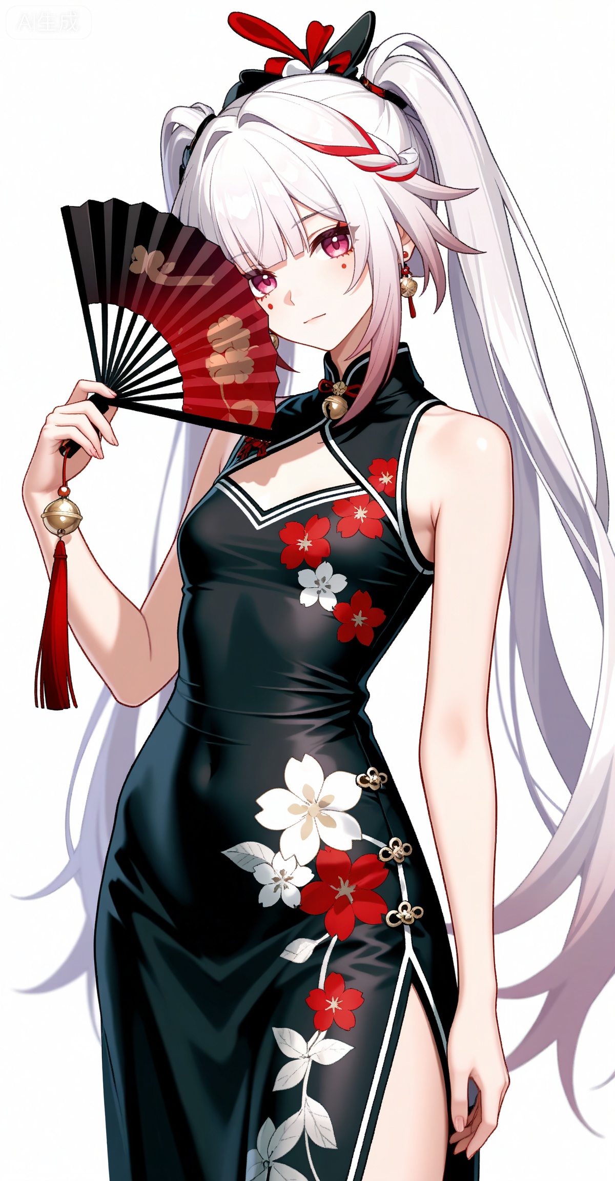 Sparkle \(honkai: star rail\),1girl,solo,red eyes,twintails,red hair,white hair,streaked hair,multicolored hair,facial mark,
1girl,dress,hand fan,holding,solo,earrings,jewelry,chinese clothes,china dress,black dress,holding fan,floral print,blurry,sleeveless,looking at viewer,sleeveless dress,folding fan,standing,head tilt,2,

depth of field,masterpiece,best quality,very aesthetic,alternate costume,alternate costume,2024,2023,perfect composition,ultra-detailed,extreme aesthetic,masterpiece,best quality,good quality,newest,year 2024,year 2023,very aesthetic,absurdres,looking_at_viewer,colorful,white_background,simple background,