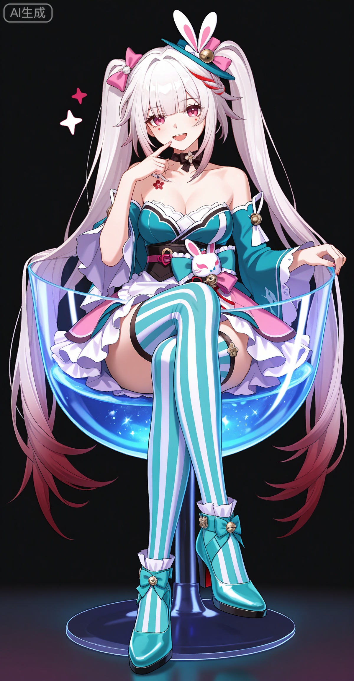 Sparkle \(honkai: star rail\),1girl,solo,red eyes,twintails,red hair,white hair,streaked hair,multicolored hair,facial mark,
1girl,solo,thighhighs,vertical-striped clothes,breasts,high heels,cleavage,long hair,striped clothes,bow,detached sleeves,transparent chair,vertical-striped thighhighs,smile,open mouth,aqua footwear,sitting,crossed_legs,looking at viewer,collarbone,full body,hair bow,frills,bare shoulders,large breasts,dress,striped thighhighs,pink bow,strapless,aqua bow,finger to mouth,

depth of field,masterpiece,best quality,very aesthetic,alternate costume,alternate costume,2024,2023,perfect composition,ultra-detailed,extreme aesthetic,masterpiece,best quality,good quality,newest,year 2024,year 2023,very aesthetic,absurdres,looking_at_viewer,colorful,white_background,simple background,