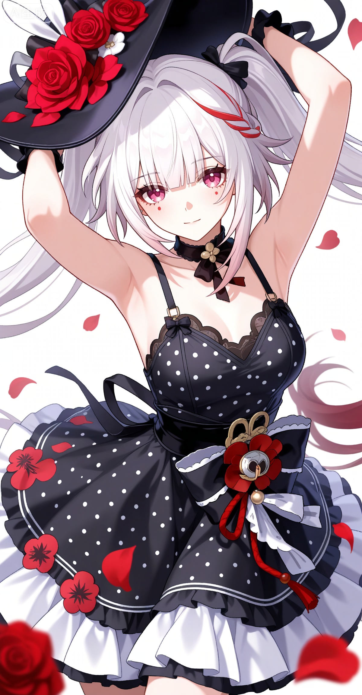 Sparkle \(honkai: star rail\),1girl,solo,red eyes,twintails,red hair,white hair,streaked hair,multicolored hair,facial mark,
1girl, breasts, solo, polka dot, flower, dress, rose, polka dot dress, large breasts, red flower, armpits, petals, red rose, arms up, sideboob, sleeveless, frills, rose petals,

depth of field,masterpiece,best quality,very aesthetic,alternate costume,alternate costume,2024,2023,perfect composition,ultra-detailed,extreme aesthetic,masterpiece,best quality,good quality,newest,year 2024,year 2023,very aesthetic,absurdres,looking_at_viewer,colorful,white_background,simple background,