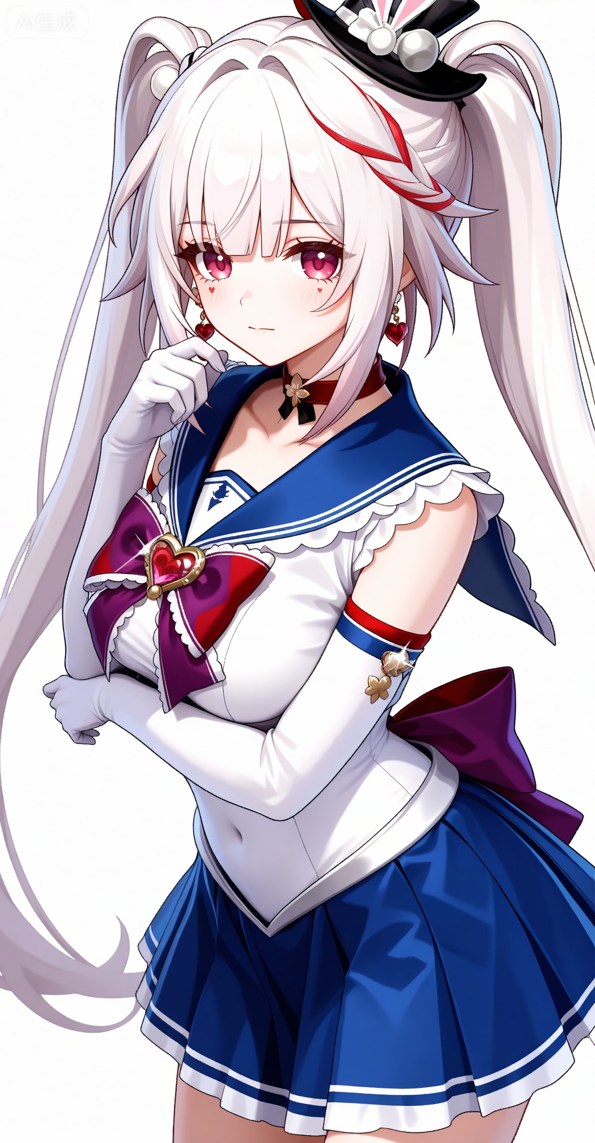 Sparkle \(honkai: star rail\),1girl,solo,red eyes,twintails,red hair,white hair,streaked hair,multicolored hair,hat,facial mark,mini hat,
1girl,sailor senshi uniform,solo,jewelry,skirt,gloves,earrings,blue skirt,white gloves,sailor collar,bow,breasts,choker,elbow gloves,magical girl,back bow,covered navel,pleated skirt,looking at viewer,brooch,purple bow,heart brooch,red choker,miniskirt,closed mouth,large breasts,collarbone,red gemstone,tiara,cowboy shot,

depth of field,masterpiece,best quality,very aesthetic,alternate costume,alternate costume,2024,2023,perfect composition,ultra-detailed,extreme aesthetic,masterpiece,best quality,good quality,newest,year 2024,year 2023,very aesthetic,absurdres,looking_at_viewer,colorful,white_background,simple background,