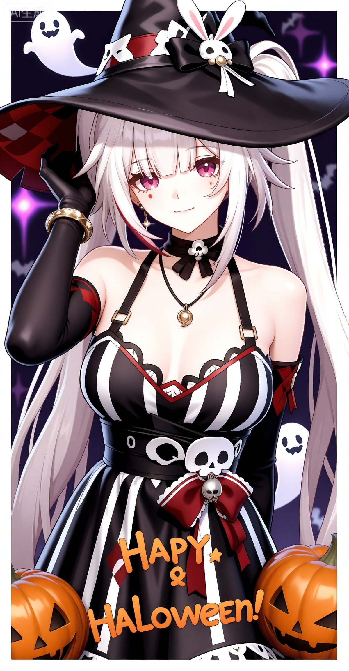 Sparkle \(honkai: star rail\),1girl,solo,red eyes,twintails,red hair,white hair,streaked hair,multicolored hair,hat,facial mark,mini hat,
1girl,witch hat,gloves,jewelry,hat,breasts,solo,jack-o'-lantern,dress,halloween,earrings,ghost,black gloves,necklace,looking at viewer,black dress,pumpkin,smile,black headwear,sleeveless,elbow gloves,happy halloween,sleeveless dress,striped dress,bracelet,purple eyes,border,skull,upper body,halloween costume,witch,striped clothes,hand on headwear,large breasts,closed mouth,bare shoulders,


depth of field,masterpiece,best quality,very aesthetic,alternate costume,alternate costume,2024,2023,perfect composition,ultra-detailed,extreme aesthetic,masterpiece,best quality,good quality,newest,year 2024,year 2023,very aesthetic,absurdres,looking_at_viewer,colorful,white_background,simple background,
