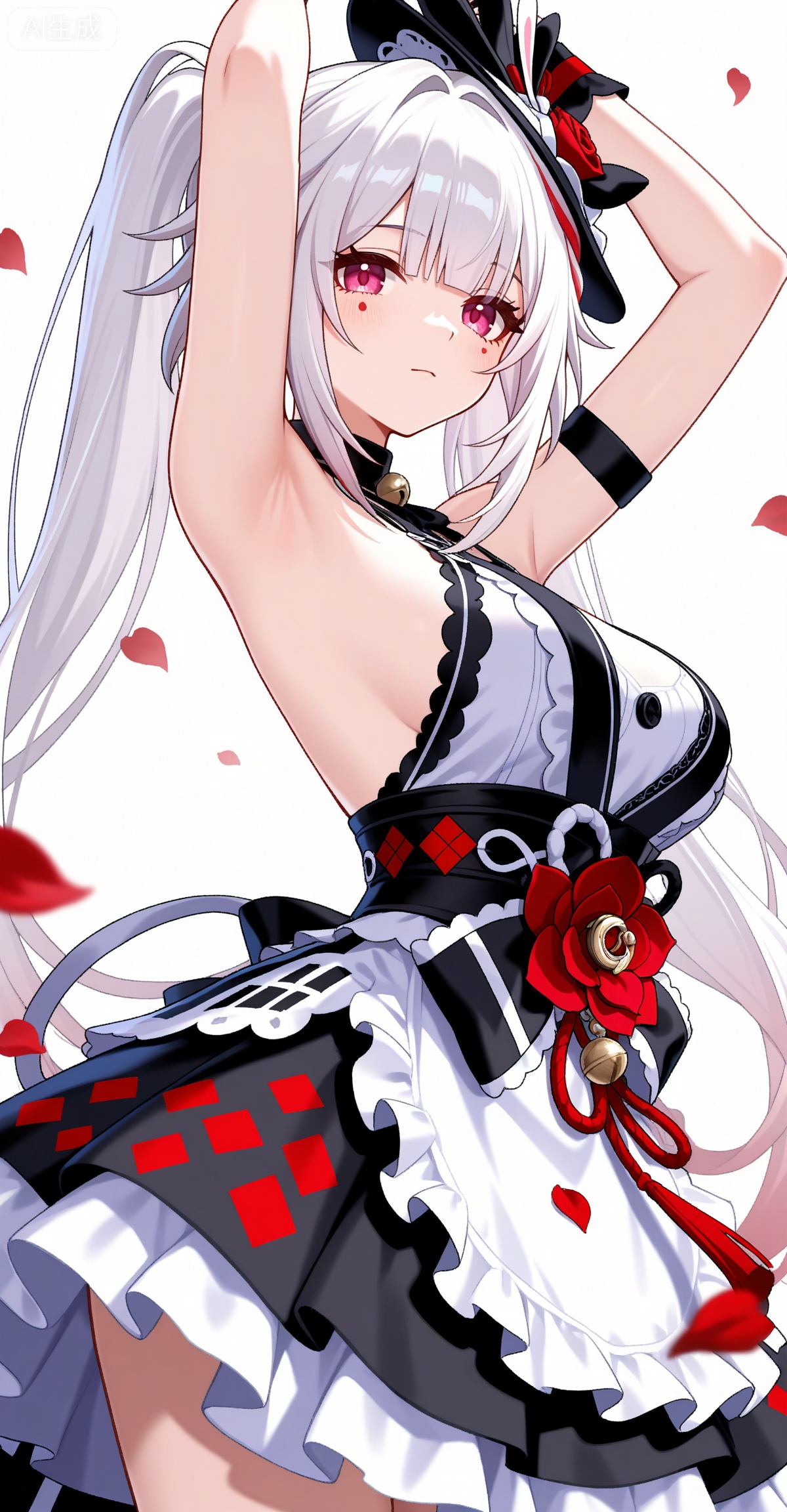 Sparkle \(honkai: star rail\),1girl,solo,red eyes,twintails,red hair,white hair,streaked hair,multicolored hair,facial mark,
1girl, breasts, solo, polka dot, flower, dress, rose, polka dot dress, large breasts, red flower, armpits, petals, red rose, arms up, sideboob, sleeveless, frills, rose petals,

depth of field,masterpiece,best quality,very aesthetic,alternate costume,alternate costume,2024,2023,perfect composition,ultra-detailed,extreme aesthetic,masterpiece,best quality,good quality,newest,year 2024,year 2023,very aesthetic,absurdres,looking_at_viewer,colorful,white_background,simple background,