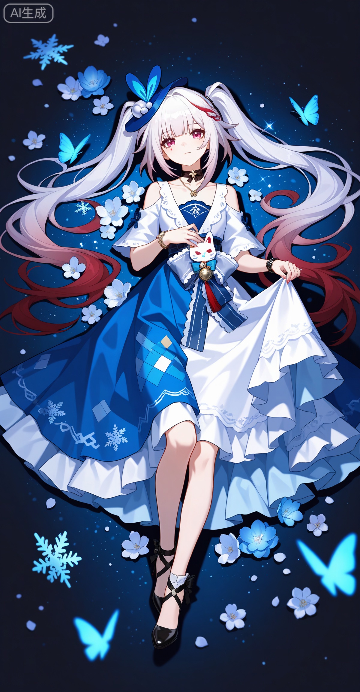 Sparkle \(honkai: star rail\),1girl,solo,red eyes,twintails,red hair,white hair,streaked hair,multicolored hair,facial mark,
lvjing,1girl,dress,long hair,solo,skirt hold,hair ornament,jewelry,white hair,white dress,blue dress,necklace,full body,night,castle,butterfly,snowflakes,bug,flower,56, lvjing,lying,on back,high_heels,
depth of field,masterpiece,best quality,very aesthetic,alternate costume,alternate costume,2024,2023,perfect composition,ultra-detailed,extreme aesthetic,masterpiece,best quality,good quality,newest,year 2024,year 2023,very aesthetic,absurdres,looking_at_viewer,colorful,white_background,simple background,