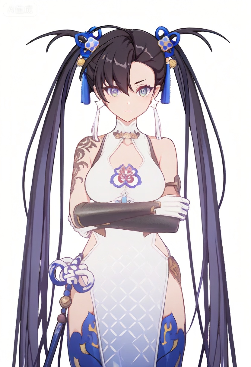 1girl, solo, long hair, breasts, looking at viewer, blue eyes, black hair, thighhighs, gloves, dress, twintails, jewelry, very long hair, earrings, white gloves, gradient, chinese clothes, china dressmasterpiece, best quality, transparent_background, game_cg, masterpiece, best quality, transparent_background, game_cg, arms_crossed, 😡, 


(masterpiece:1.2), best quality, masterpiece, highres, original,ultra-detailed, illustration,extremely detailed wallpaper, perfect lighting,(extremely detailed CG:1.2), drawing, paintbrush,mimiXF,biaoqing,yulanXF