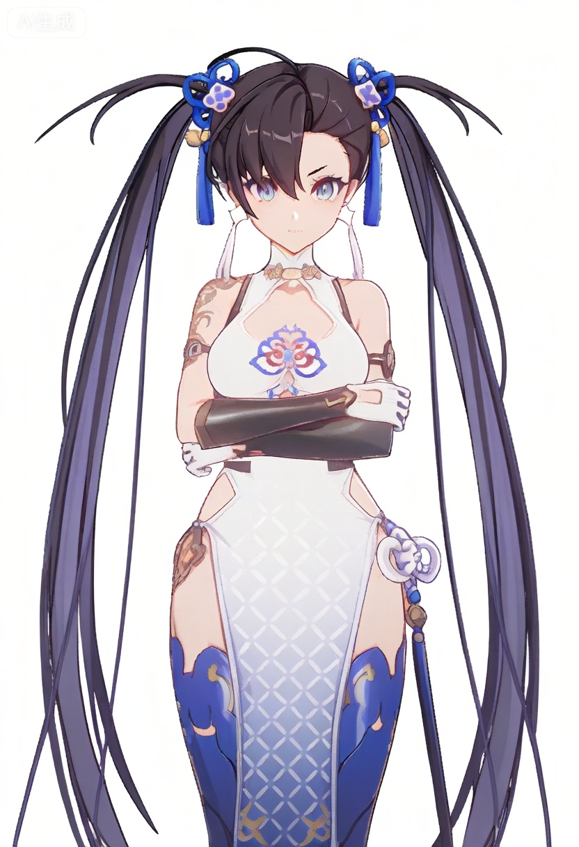 1girl, solo, long hair, breasts, looking at viewer, blue eyes, black hair, thighhighs, gloves, dress, twintails, jewelry, very long hair, earrings, white gloves, gradient, chinese clothes, china dressmasterpiece, best quality, transparent_background, game_cg, masterpiece, best quality, transparent_background, game_cg, arms_crossed, 😡, 


(masterpiece:1.2), best quality, masterpiece, highres, original,ultra-detailed, illustration,extremely detailed wallpaper, perfect lighting,(extremely detailed CG:1.2), drawing, paintbrush,mimiXF,biaoqing,yulanXF
