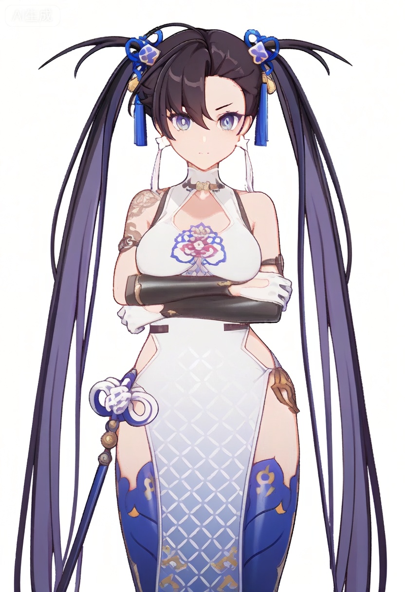 1girl, solo, long hair, breasts, looking at viewer, blue eyes, black hair, thighhighs, gloves, dress, twintails, jewelry, very long hair, earrings, white gloves, gradient, chinese clothes, china dressmasterpiece, best quality, transparent_background, game_cg, masterpiece, best quality, transparent_background, game_cg, arms_crossed, 😡, 


(masterpiece:1.2), best quality, masterpiece, highres, original,ultra-detailed, illustration,extremely detailed wallpaper, perfect lighting,(extremely detailed CG:1.2), drawing, paintbrush,mimiXF,biaoqing,yulanXF