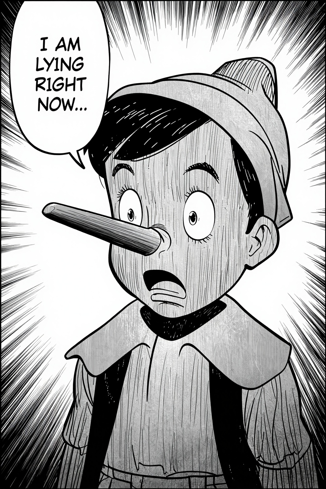 A black-and-white manga-style illustration of a young Pinocchio wooden boy with a long,  wooden nose. The boy has wide,  s...