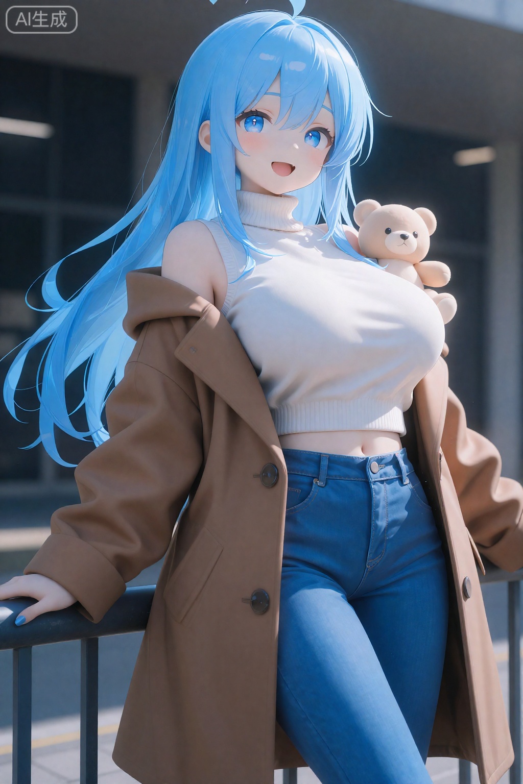 masterpiece, best quality, 1girl, :d, against railing, blue eyes, blue hair, blue nails, blue pants, blush, breasts, brown coat, clothing cutout, coat, coat partially removed, cowboy shot, denim, hair intakes, heart, jeans, large breasts, long hair, long sleeves, looking at viewer, open mouth, outdoors, pants, railing, shoulder cutout, smile, solo, stuffed animal, stuffed toy, sweater, teddy bear, turtleneck, turtleneck sweater, virtual youtuber, white sweater, ouro kronii, ouro kronii (casual)