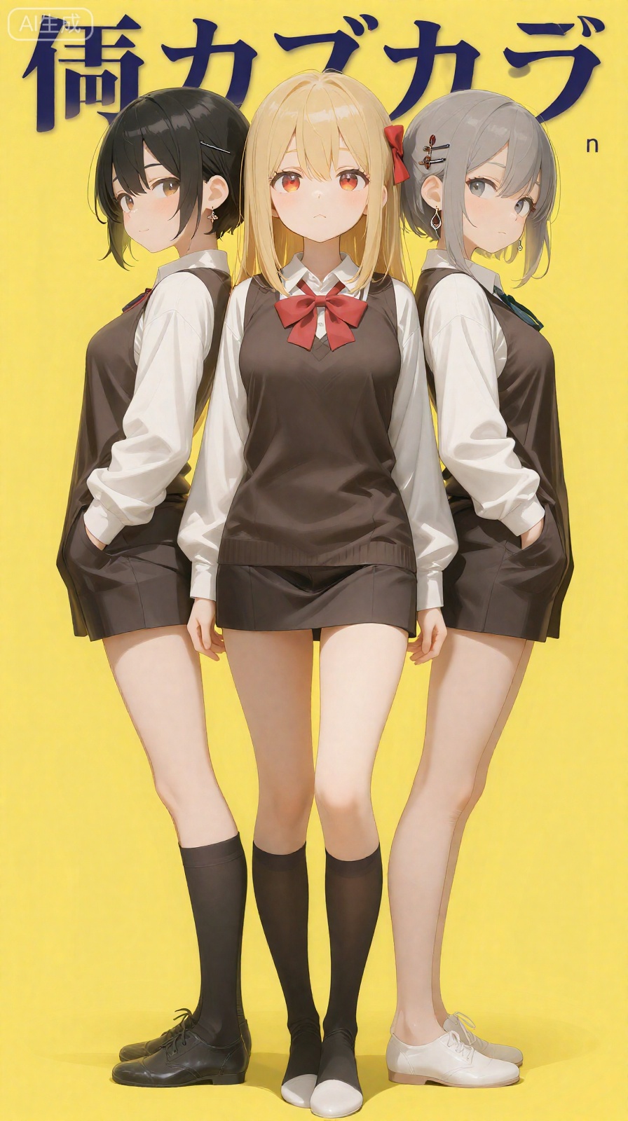 masterpiece, best quality, 3girls, arms behind back, asymmetrical hair, black eyes, black hair, black socks, blonde hair, blush, bow, brown vest, closed mouth, collared shirt, copyright name, cover, cover page, earrings, eyelashes, grey eyes, grey hair, hair ornament, hairclip, hand in pocket, hoop earrings, jewelry, kneehighs, long hair, long sleeves, looking at viewer, manga cover, mixed-language text, multiple girls, red bow, red eyes, shirt, shoes, short hair, sidecut, sidelocks, smile, socks, uchuujin no kakushigoto, undercut, vest, white shirt, white shoes, yellow background