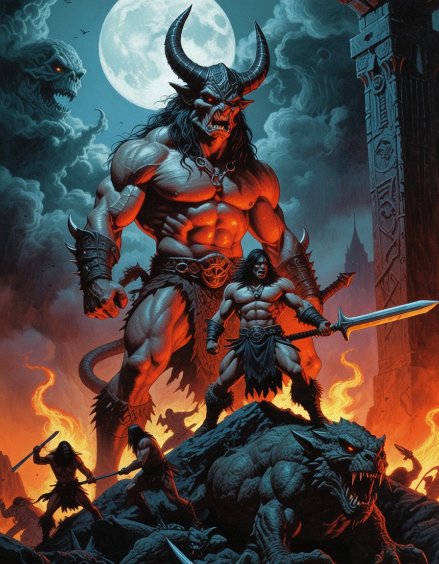 eheavy3,  conan the barbarian fighting agaisnt the lizard wizard on Tensor.Art