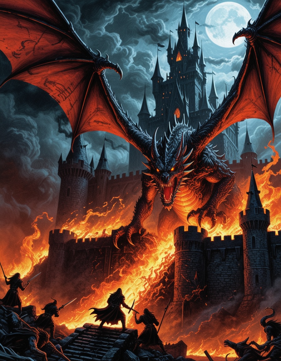 eheavy3,  dragon attacking castle with flames on Tensor.Art