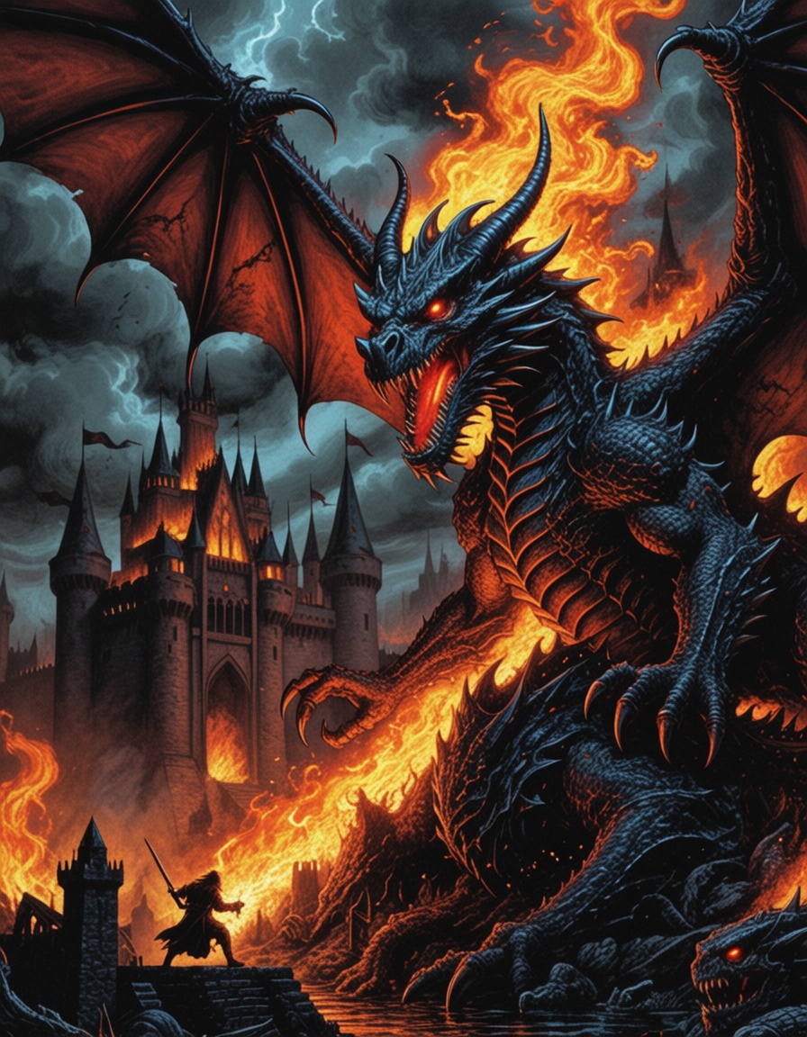 eheavy3,  dragon attacking castle with flames on Tensor.Art