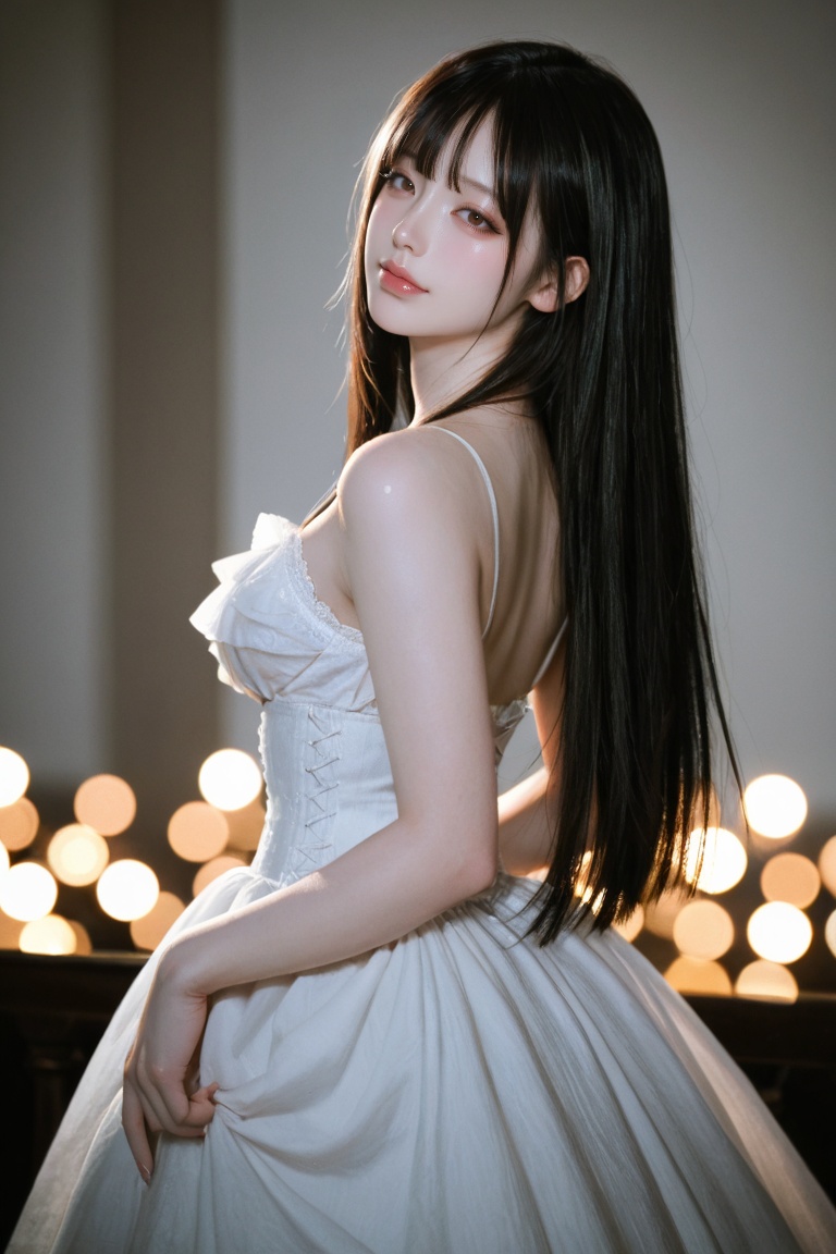 ((medium full shot))((Rear view)) 1. A beautiful young woman with a sweet,  gentle face,  clear complexion on Tensor.Art