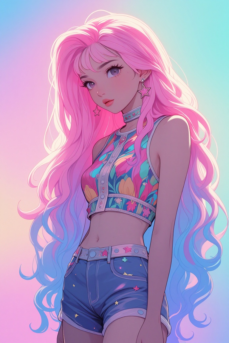 [Illustration of] The image depicts a young woman with long,  wavy hair that transitions from pink to blue,  giving it a d...