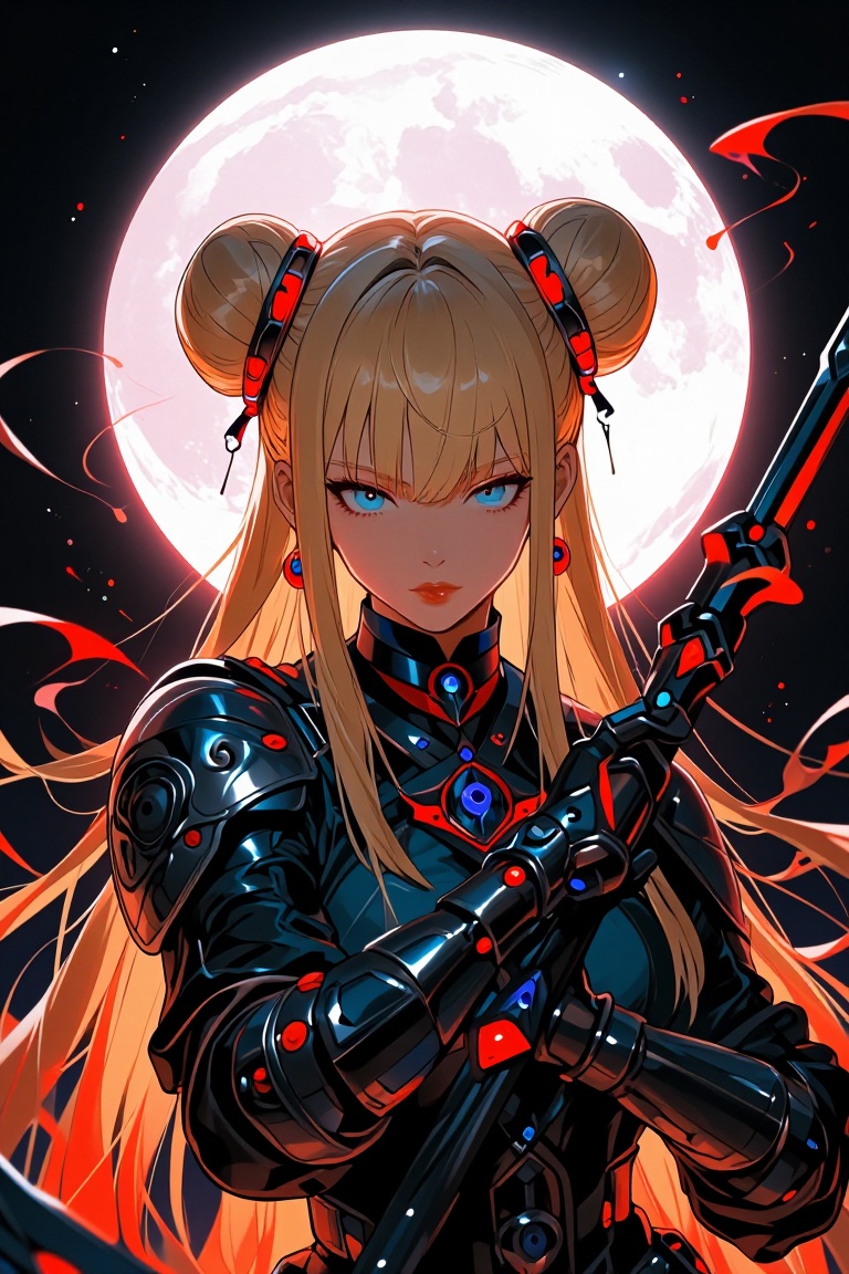 [Illustration of] The image depicts a character with long blonde hair styled into two buns,  adorned with red circular acc...
