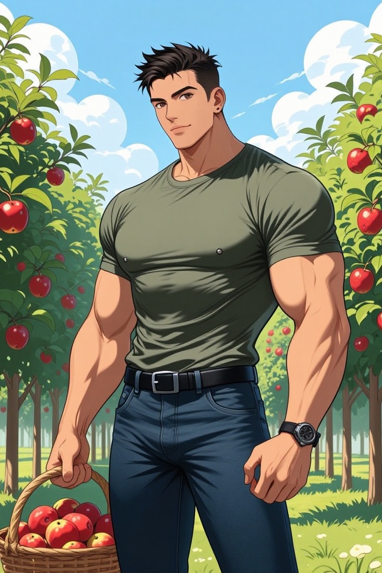 [Illustration of] The image depicts a muscular man standing outdoors in a lush,  green apple orchard. He is wearing a fitt...