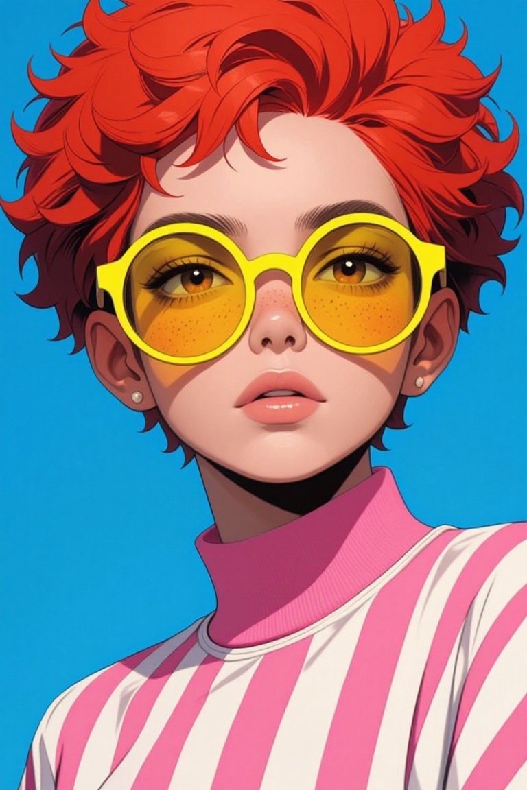 [Illustration of] The image features a person with vibrant red hair styled in a voluminous,  curly fashion. They are weari...
