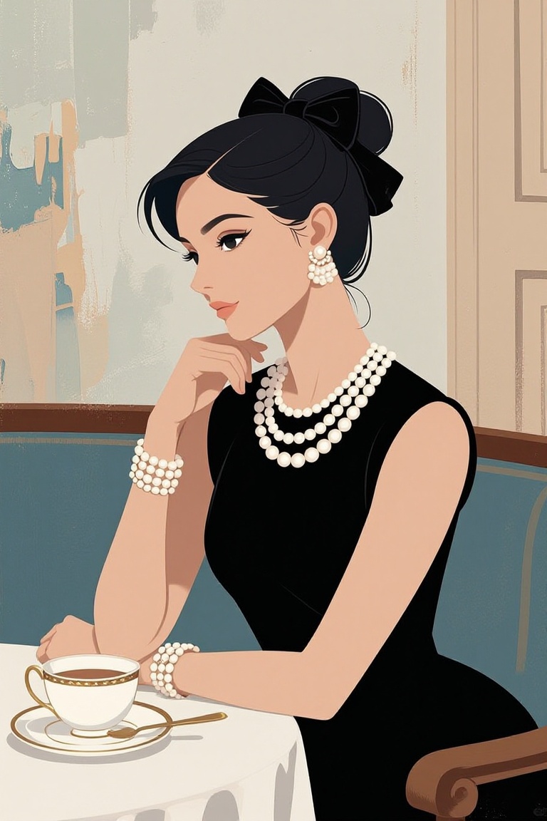 [Illustration of] The image depicts a stylized,  elegant woman seated at a table. She is wearing a black sleeveless dress...
