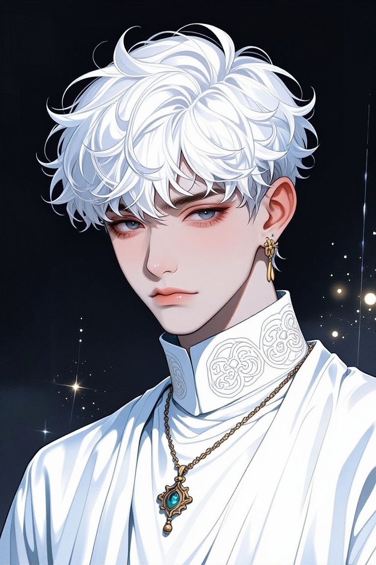 [Illustration of] The image depicts a young person with short,  curly white hair and a serene expression. They are wearing...