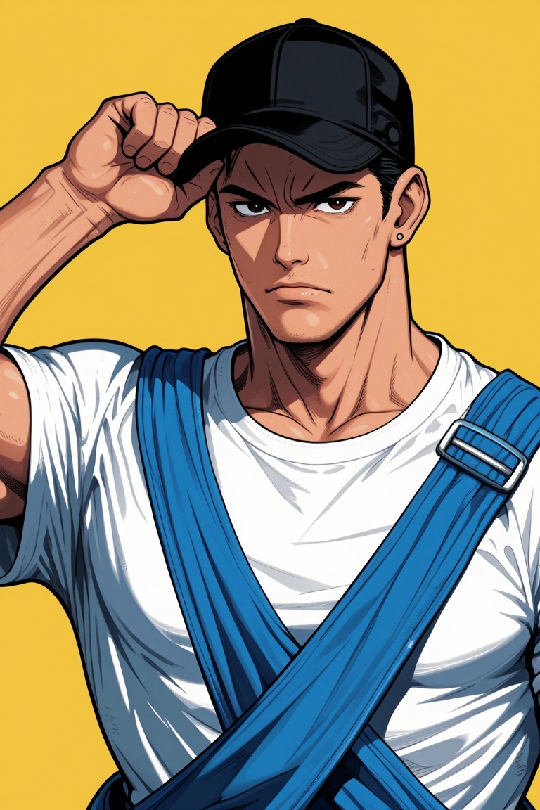[Illustration of] The image depicts a muscular male character wearing a white t-shirt and a blue fanny pack. He has a blac...