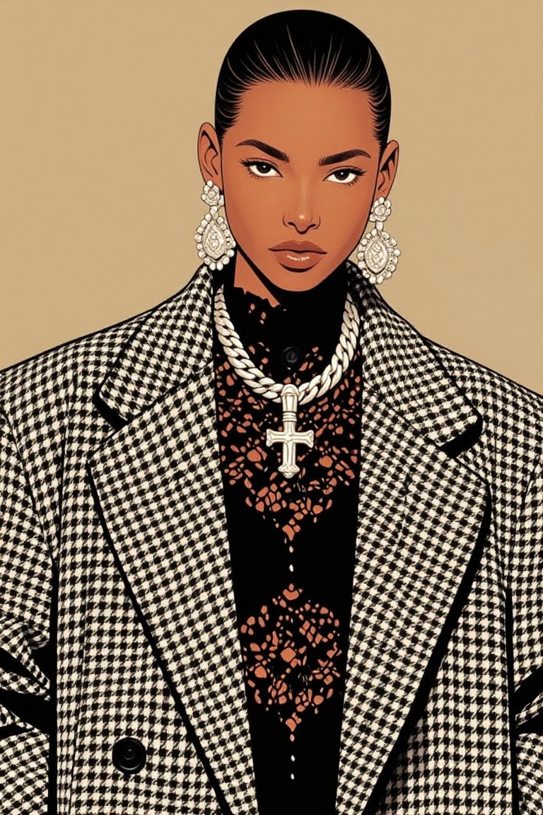 [Illustration of] The image shows a person wearing a stylish outfit. The person has a sleek hairstyle and is adorned with...