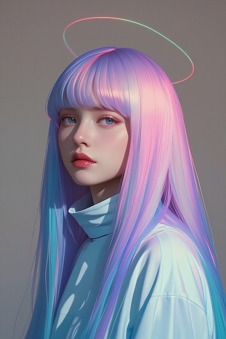 [Illustration of] The image depicts a young person with long,  flowing hair that has a holographic effect,  displaying a s...