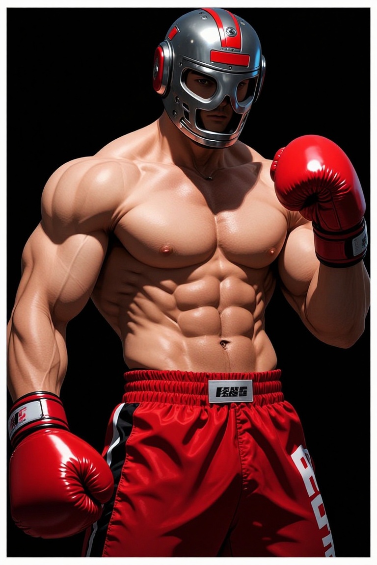 [Illustration of] The image depicts a muscular figure wearing red boxing gloves and red shorts. The person has a well-defi...