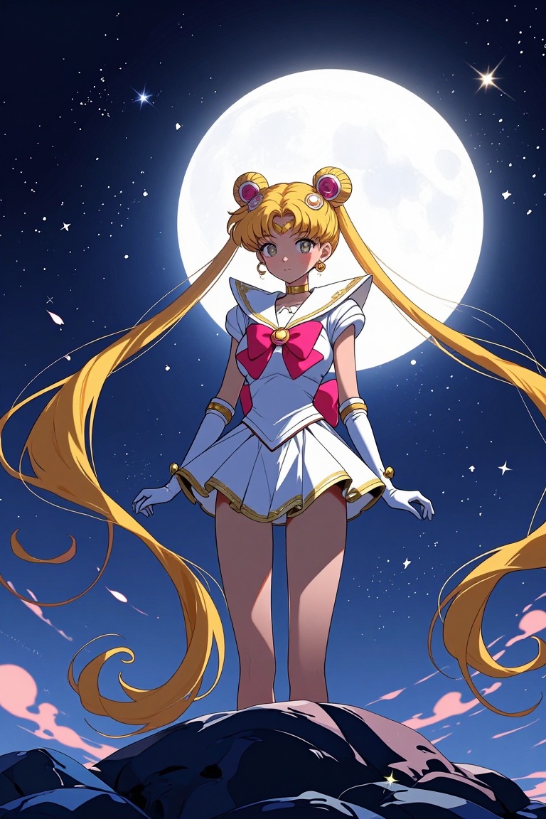 [Illustration of] The image depicts a character standing on a rocky surface under a large,  bright full moon. The characte...