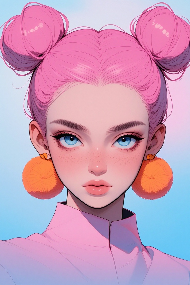 [Illustration of] The image depicts a person with vibrant pink hair styled in two high buns. The individual has striking b...