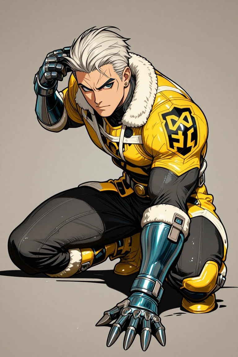 [Illustration of] The image depicts a muscular figure crouched in a dynamic pose,  wearing a yellow and black suit with fu...