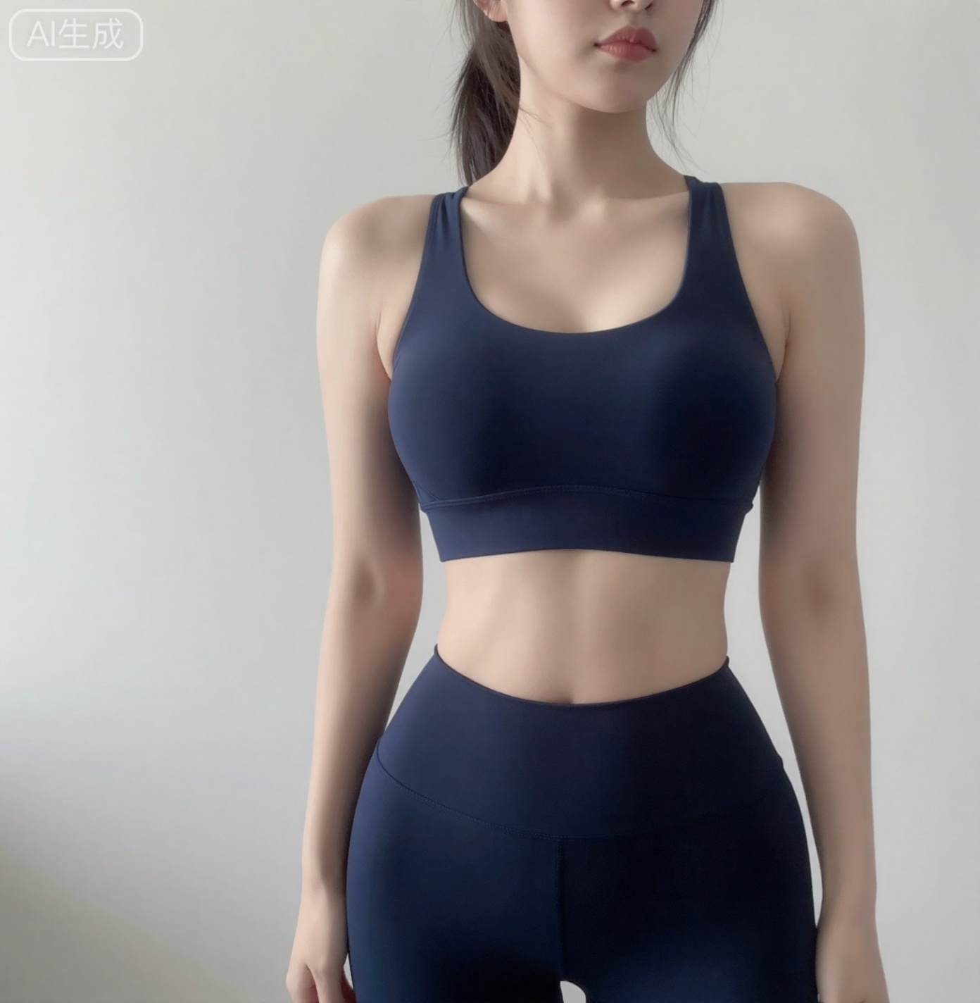 大胸,large breasts,1girl,
风格定位：写实摄影风格（Photorealism）。 详细描述：图片呈现出典型的高清人像摄影质感,具有日系“私房照”或社交媒体（Instagram/Twitter）网红自拍的审美特征。 经过了磨皮和冷色调滤镜的后期处理,光影柔和。 2. 构图视角：平视视角,对镜自拍（Mirror Selfie）。 景别：中景（Medium Shot）,画面截取自大腿中部至头部,重点展示上半身及躯干。 3. 色彩主色调：藏青色（Navy Blue）、冷白色（Cool White）与肤色。 氛围：整体色温偏冷,饱和度适中,对比度柔和。背景的灰白色调突出了人物身上的内衣,形成了清晰的视觉中心。
2. 构图视角：平视视角。 景别：中景,画面截取自大腿中部至头部,重点展示上半身及躯干。 
4. 角色穿着、动作与表情外貌特征：瑜伽服,黑色马尾辫,皮肤白皙,有马甲线,腹肌。 姿态：身体略微侧向,胯部微顶,呈现出S型曲线。