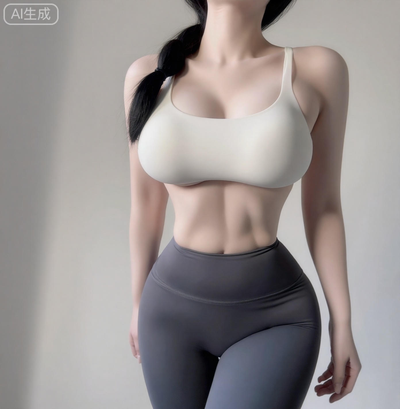 大胸,large breasts,1girl,
2. 构图视角：平视视角。 景别：中景,画面截取自大腿中部至头部,重点展示上半身及躯干。 
4. 角色穿着、动作与表情外貌特征：瑜伽服,黑色马尾辫,皮肤白皙,有马甲线,腹肌。 姿态：身体略微侧向,胯部微顶,呈现出S型曲线。