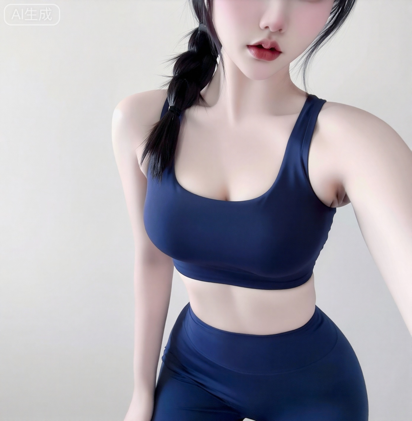 大胸,large breasts,1girl,
风格定位：写实摄影风格（Photorealism）。 详细描述：图片呈现出典型的高清人像摄影质感,具有日系“私房照”或社交媒体（Instagram/Twitter）网红自拍的审美特征。 经过了磨皮和冷色调滤镜的后期处理,光影柔和。 2. 构图视角：平视视角,对镜自拍（Mirror Selfie）。 景别：中景（Medium Shot）,画面截取自大腿中部至头部,重点展示上半身及躯干。 3. 色彩主色调：藏青色（Navy Blue）、冷白色（Cool White）与肤色。 氛围：整体色温偏冷,饱和度适中,对比度柔和。背景的灰白色调突出了人物身上的内衣,形成了清晰的视觉中心。
2. 构图视角：平视视角。 景别：中景,画面截取自大腿中部至头部,重点展示上半身及躯干。 
4. 角色穿着、动作与表情外貌特征：瑜伽服,黑色马尾辫,皮肤白皙,有马甲线,腹肌。 姿态：身体略微侧向,胯部微顶,呈现出S型曲线。
