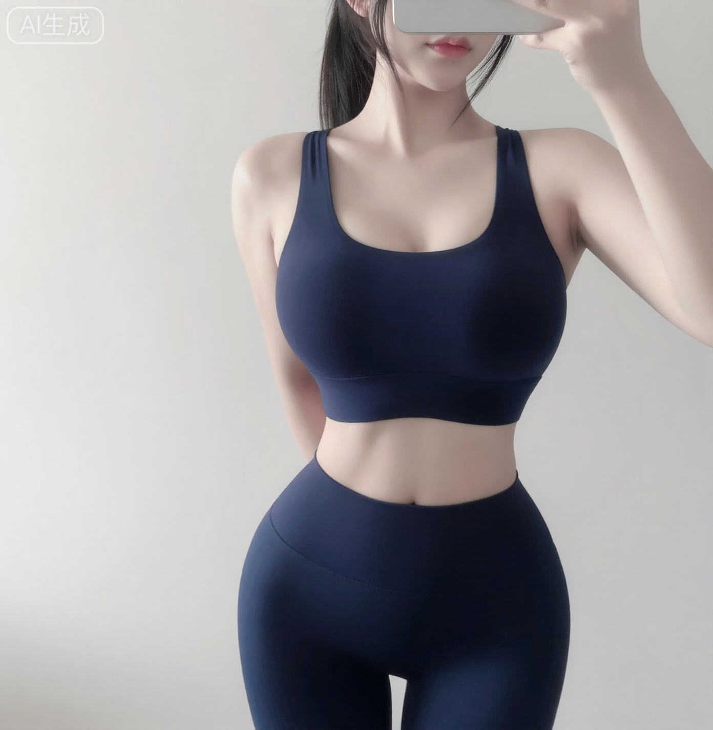 大胸,large breasts,1girl,
风格定位：写实摄影风格（Photorealism）。 详细描述：图片呈现出典型的高清人像摄影质感,具有日系“私房照”或社交媒体（Instagram/Twitter）网红自拍的审美特征。 经过了磨皮和冷色调滤镜的后期处理,光影柔和。 2. 构图视角：平视视角,对镜自拍（Mirror Selfie）。 景别：中景（Medium Shot）,画面截取自大腿中部至头部,重点展示上半身及躯干。 3. 色彩主色调：藏青色（Navy Blue）、冷白色（Cool White）与肤色。 氛围：整体色温偏冷,饱和度适中,对比度柔和。背景的灰白色调突出了人物身上的内衣,形成了清晰的视觉中心。
2. 构图视角：平视视角。 景别：中景,画面截取自大腿中部至头部,重点展示上半身及躯干。 
4. 角色穿着、动作与表情外貌特征：瑜伽服,黑色马尾辫,皮肤白皙,有马甲线,腹肌。 姿态：身体略微侧向,胯部微顶,呈现出S型曲线。