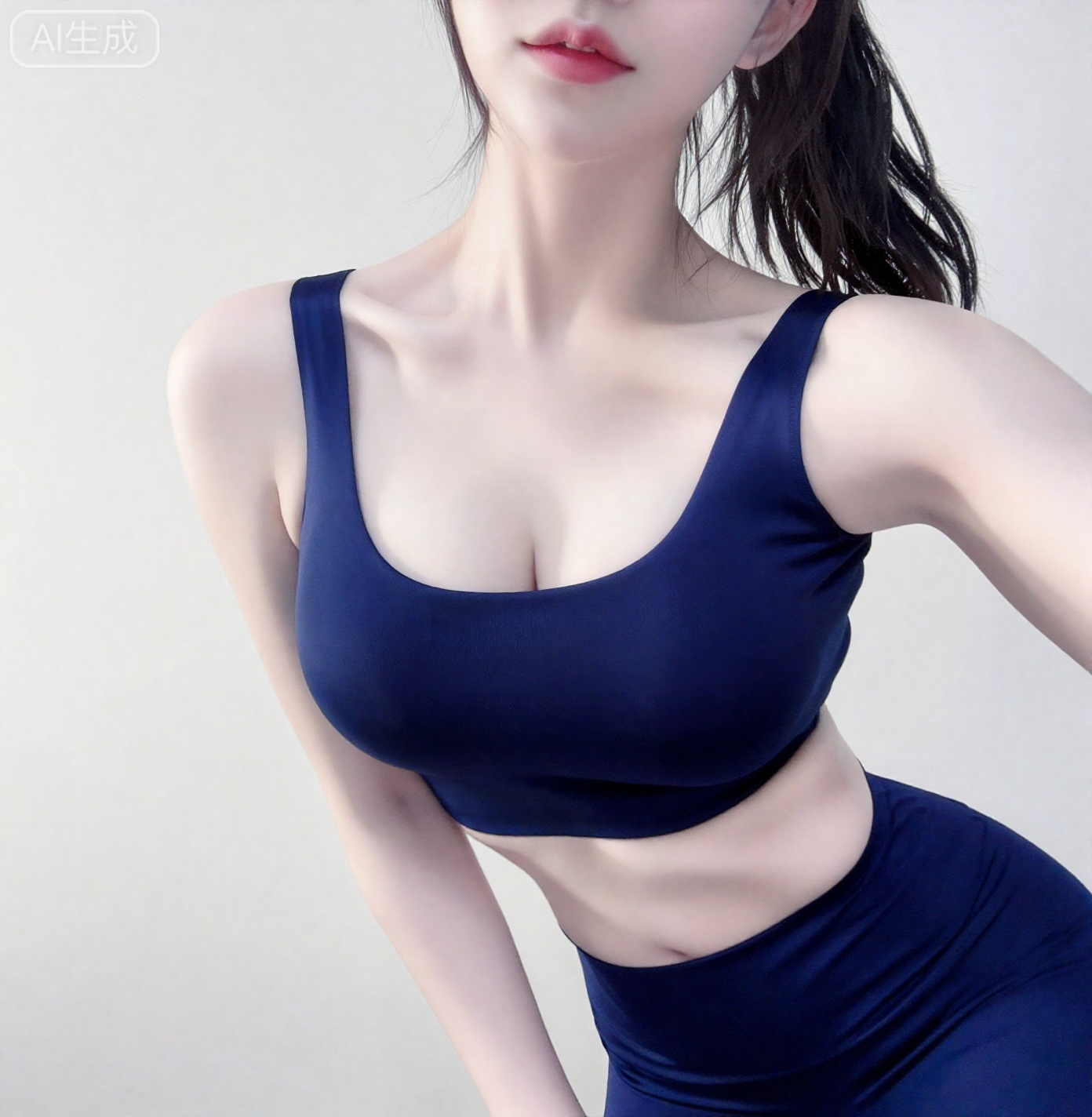 大胸,large breasts,1girl,
风格定位：写实摄影风格（Photorealism）。 详细描述：图片呈现出典型的高清人像摄影质感,具有日系“私房照”或社交媒体（Instagram/Twitter）网红自拍的审美特征。 经过了磨皮和冷色调滤镜的后期处理,光影柔和。 2. 构图视角：平视视角,对镜自拍（Mirror Selfie）。 景别：中景（Medium Shot）,画面截取自大腿中部至头部,重点展示上半身及躯干。 3. 色彩主色调：藏青色（Navy Blue）、冷白色（Cool White）与肤色。 氛围：整体色温偏冷,饱和度适中,对比度柔和。背景的灰白色调突出了人物身上的内衣,形成了清晰的视觉中心。
2. 构图视角：平视视角。 景别：中景,画面截取自大腿中部至头部,重点展示上半身及躯干。 
4. 角色穿着、动作与表情外貌特征：瑜伽服,黑色马尾辫,皮肤白皙,有马甲线,腹肌。 姿态：身体略微侧向,胯部微顶,呈现出S型曲线。