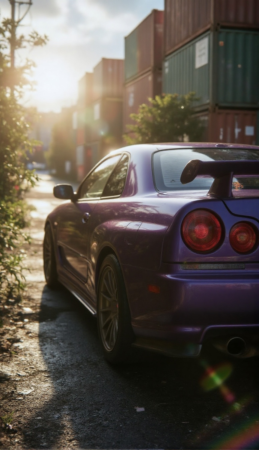1995 Nissan Skyline GT-R R33,  Midnight Purple. Side silhouette. Location: A Tokyo shipping container yard. Golden hour sk...