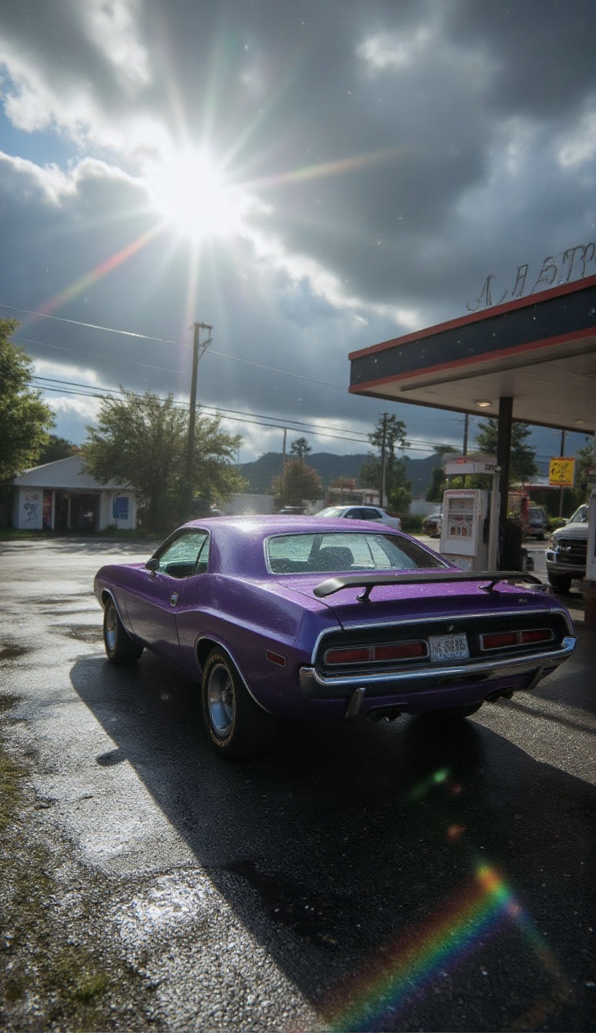 1970 Dodge Challenger,  Plum Crazy Purple. Rear three-quarter view. Location: A retro gas station under a clearing storm....